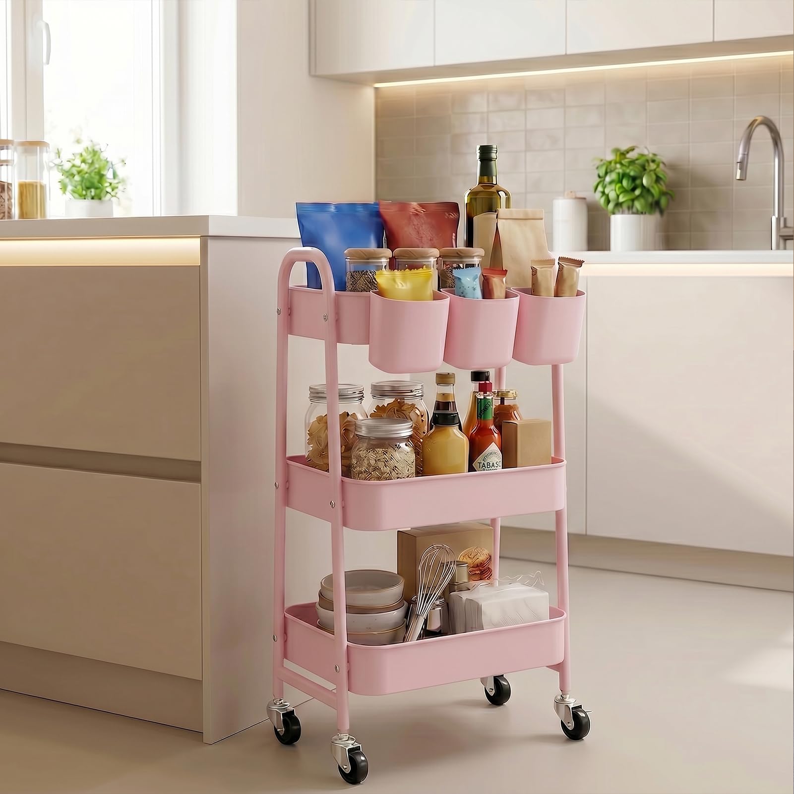 DOEWORKS Carrello con Ruote Portatutto Carrello Cucina Metallo Carrellino 3 piani dei Libri Carrello da Portata Carrello Portaoggetti per Camera Bagno Ufficio, Rosa con Tazze