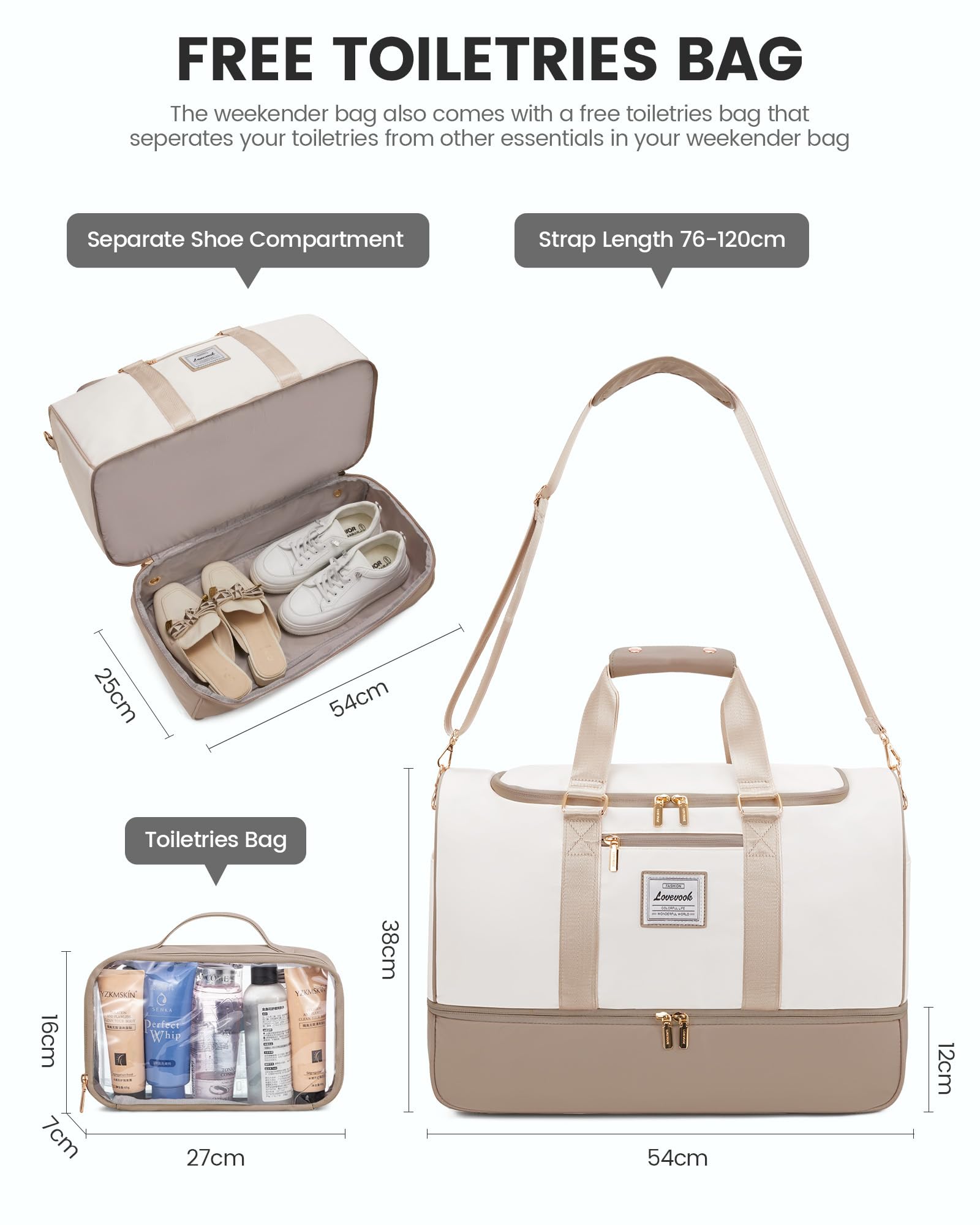 LOVEVOOK torba podróżna damska, torba weekendowa Travel Duffle Carry On Bag z kosmetyczką, kieszenią na buty i przegródką na mokre rzeczy, wodoszczelna torba sportowa Gym Yoga Bag, torba podręczna na