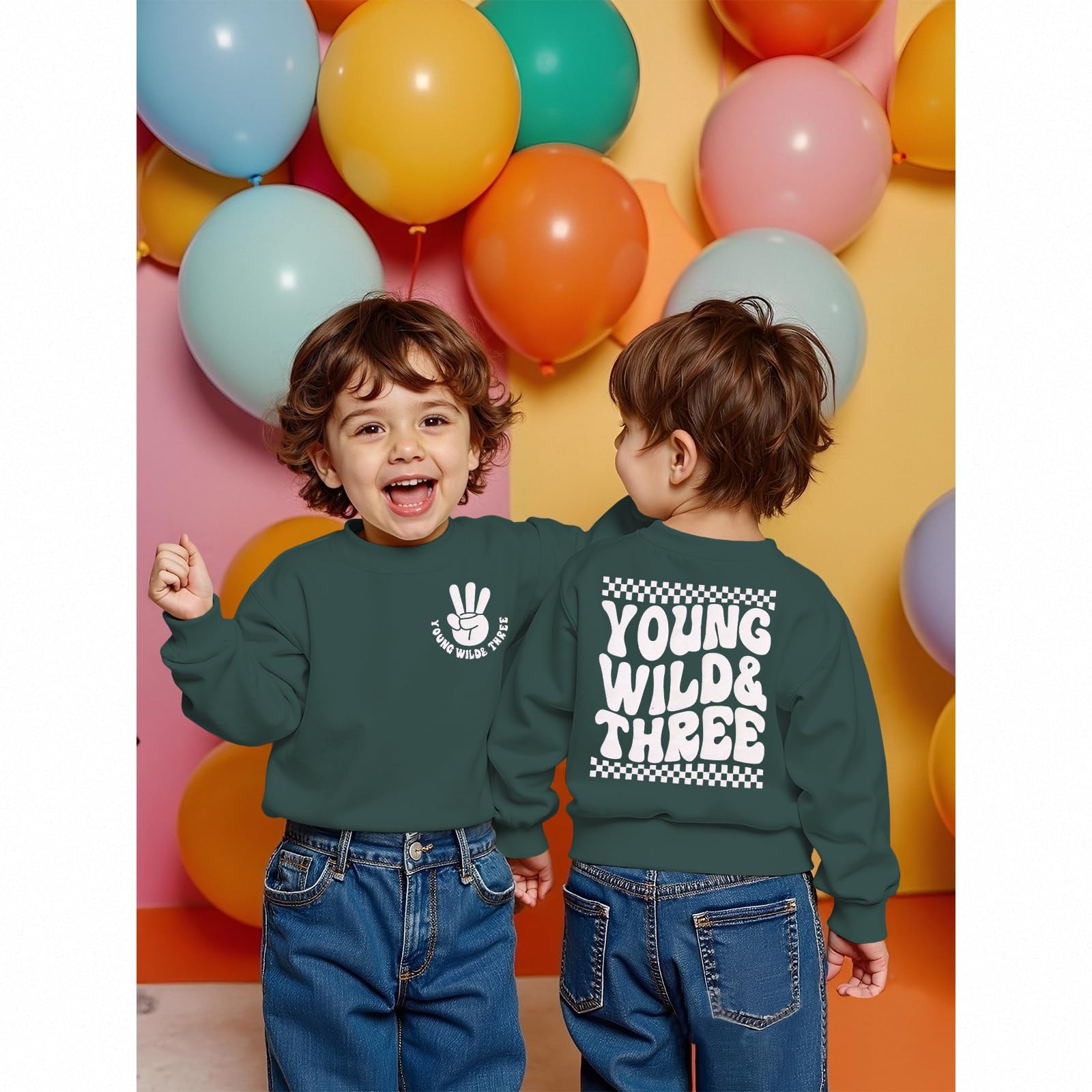BOUTIKOME 3. Geburtstag Jungen Sweatshirt Young WILD&Three Drucken Pullover Geschwister Kinder Langarmshirt Baby Outfits Dritten Geburtstags Pulli Herbst Winter Babykleidung