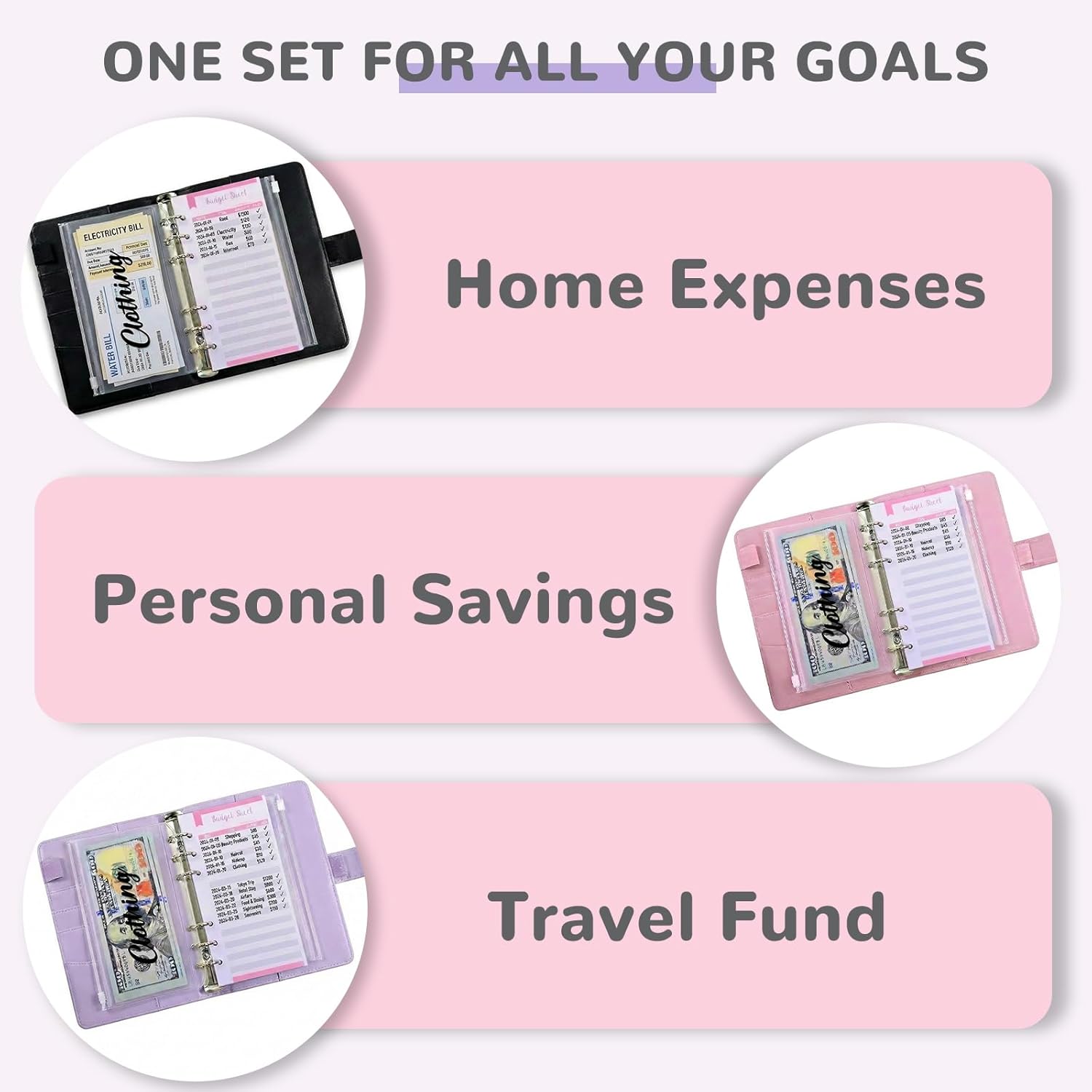 3 Pack Budget Planner with Money Saving Binder Accessories, A6 Binder Savings Book, Comprehensive Budget Binders for Cash Stuffing, Large PU Leather Home Office (Pink, Black, Purple)