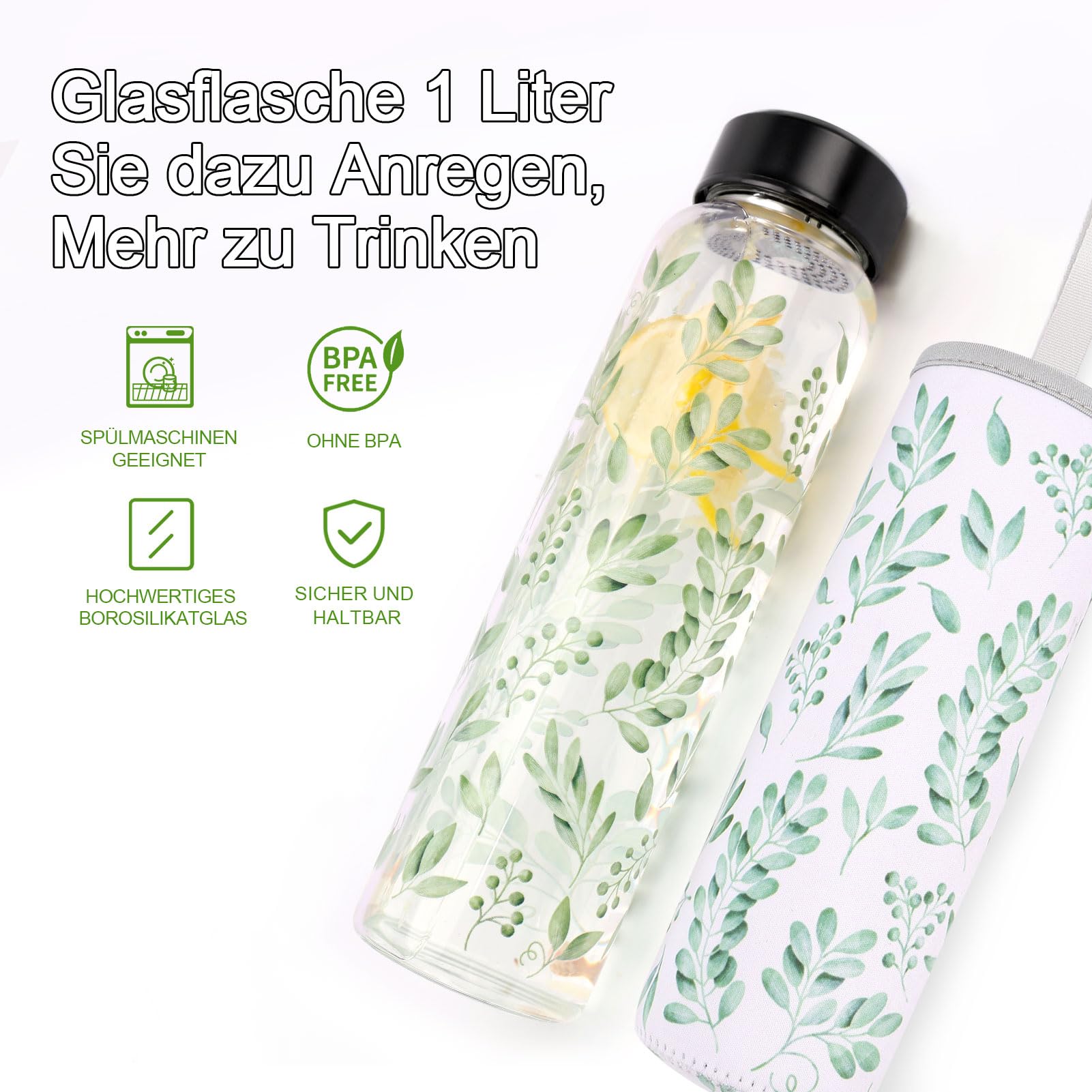Bouteille En Verre 1 Litre — Large Goulot 5,5 Cm, Passoire Inox, Couvercle Bambou, étanche