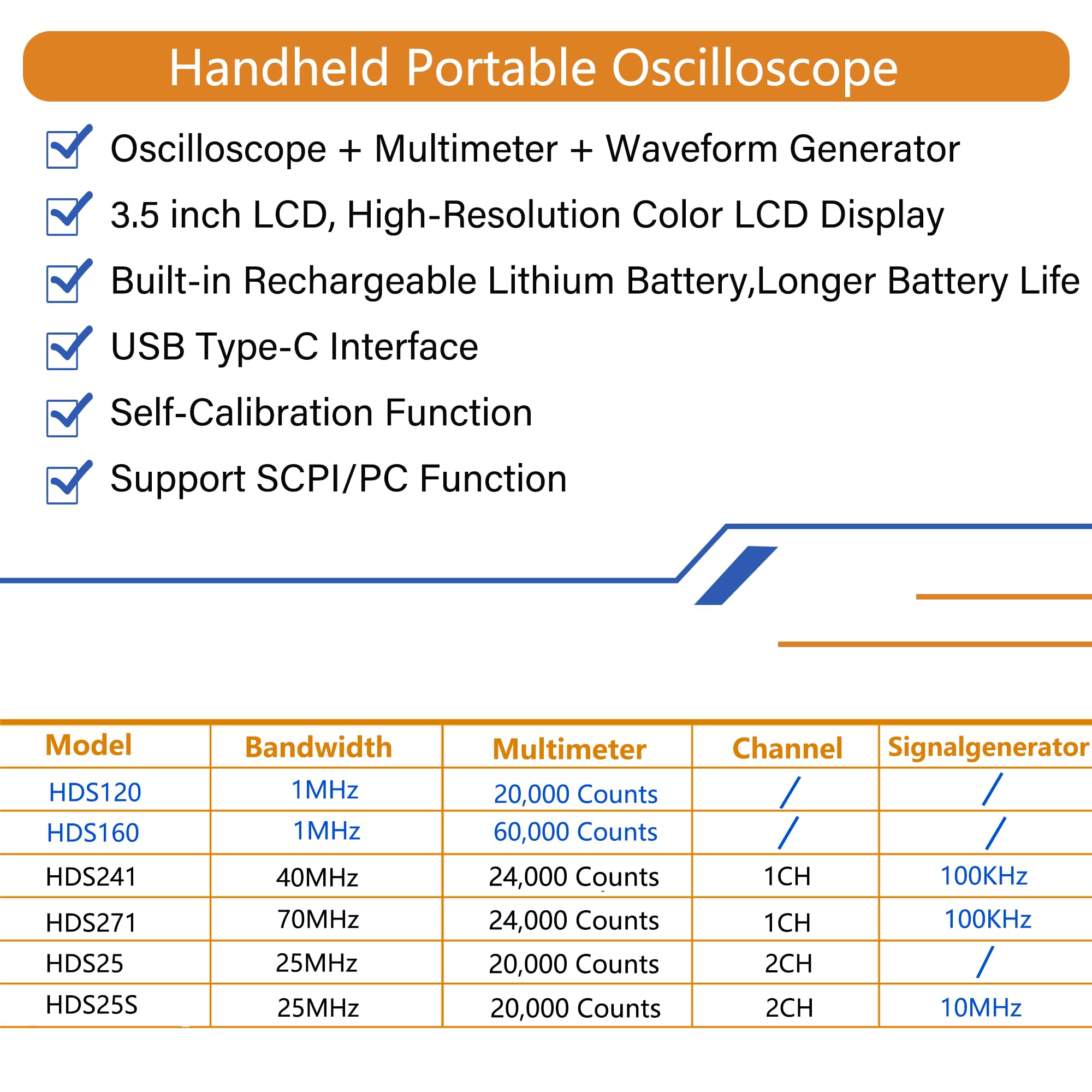 HDS271 OWON Oscilloscopio Multimetro, larghezza di banda 70 MHz, Oscilloscopio digitale, misuratore multimetro 3 in 1 con generatore di segnale 100 kHz