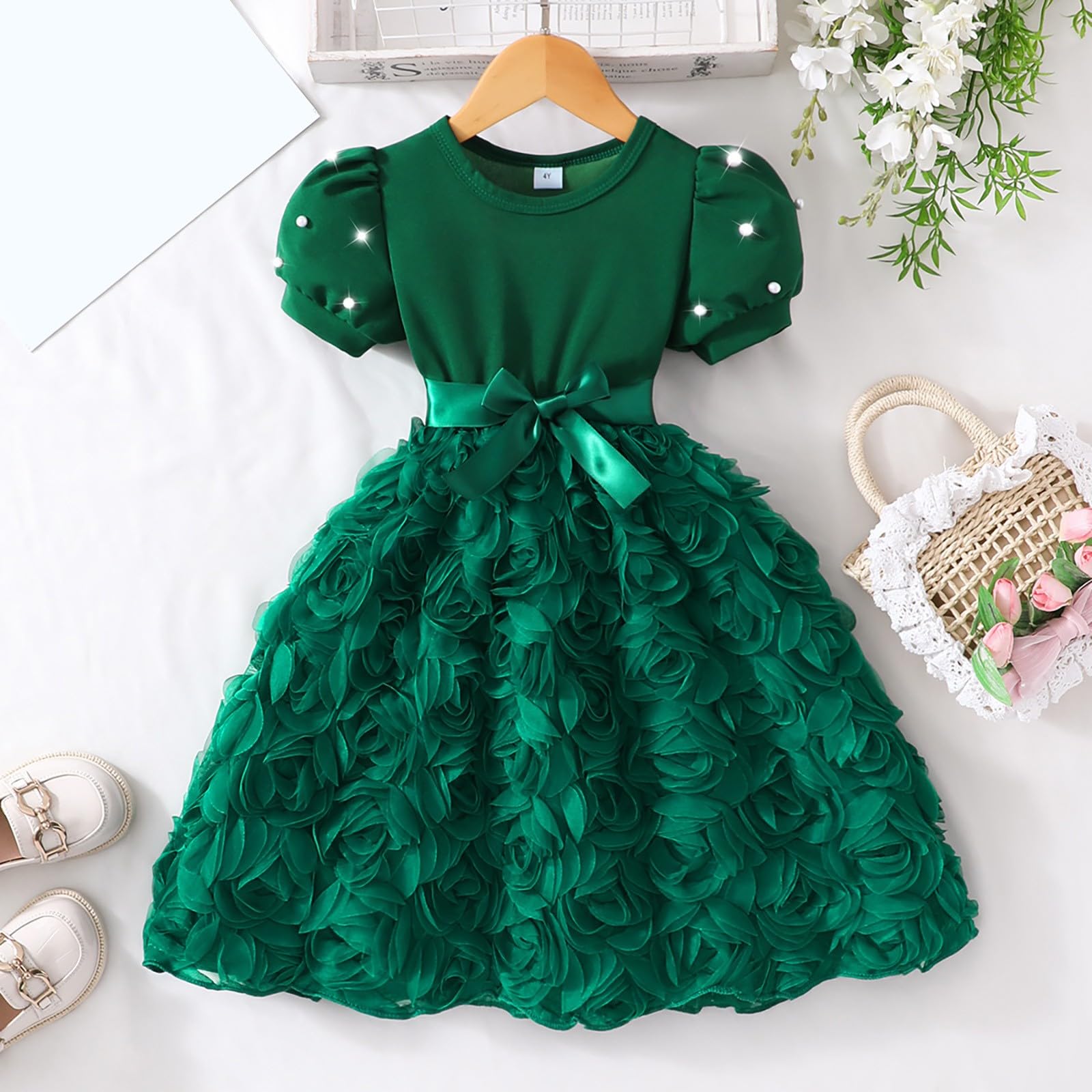 Vestido de fiesta de manga corta para niñas, cuello redondo, vestido de tutú de princesa floral, casual, verano, cumpleaños, graduación, vestido midi de tul