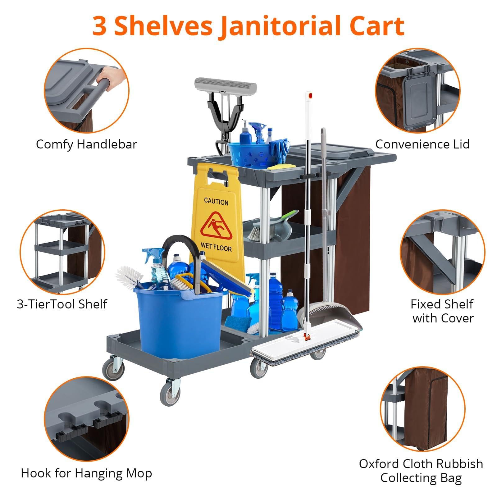 Carro de Limpieza Comercial,Carro Limpieza Profesional para Hoteles y Hospitales con Estantes, Carro de Servicio con 6 Ruedas y Bolsa de Vinilo para Oficina y Hotel, Capacidad de 300 LB