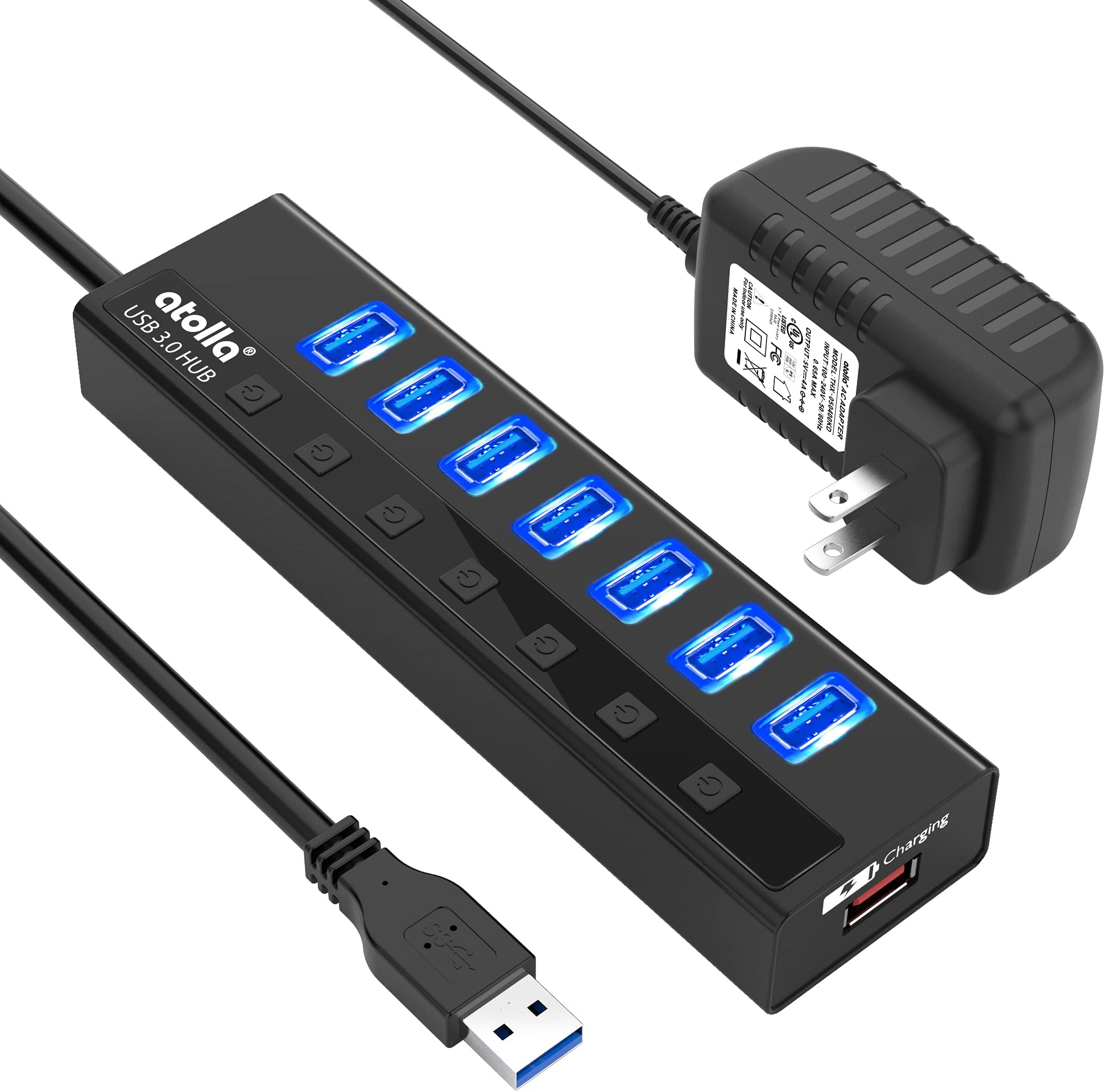 atolla Powered USB 3.0 Hub, 7 Ports USB Data Hub Splitter Plus 1 Smart Charging Port USB Extension Including Individual Switches and 5V/4A Power Adapter