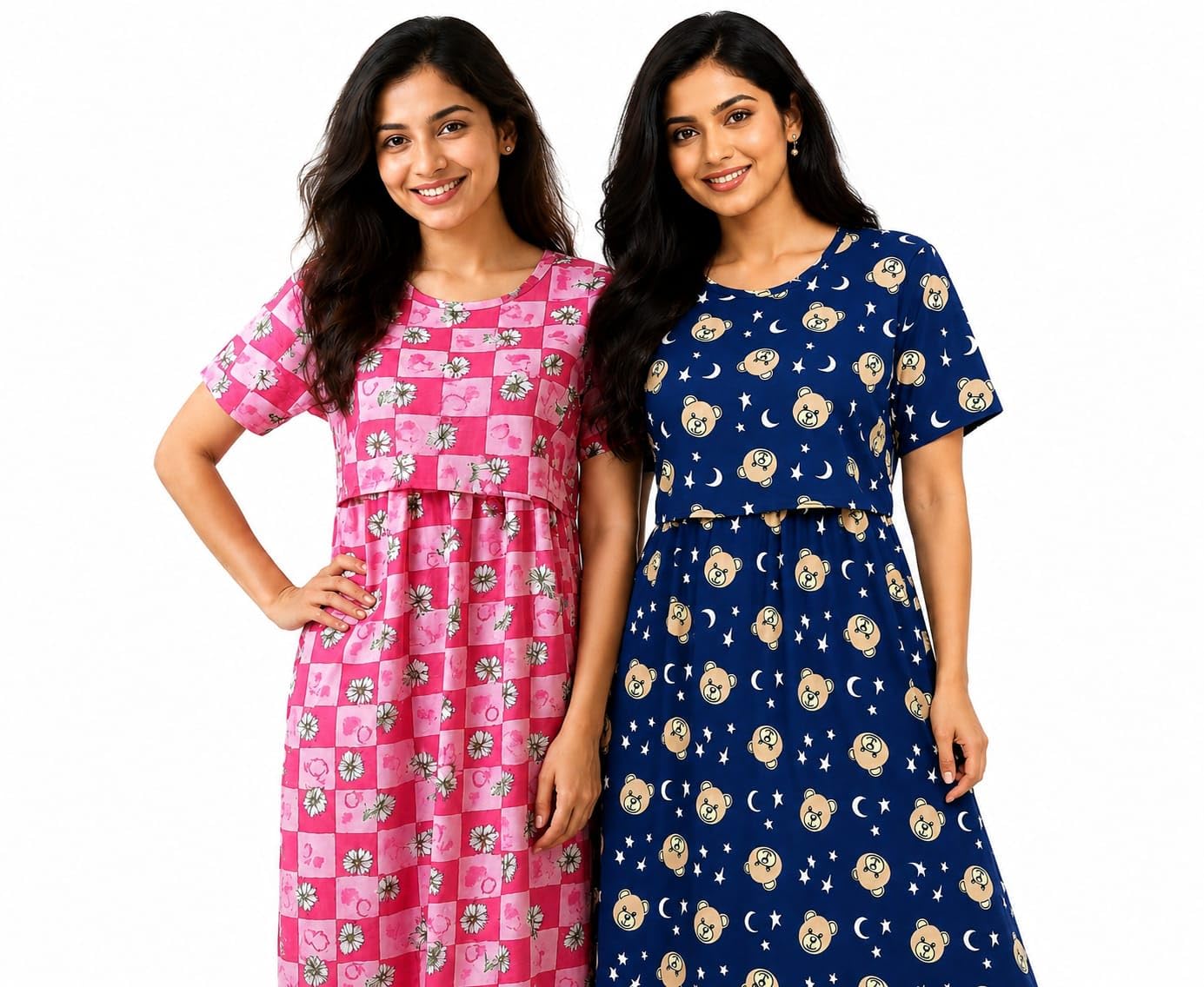 RENIS.Stores Cotton Zipless/Pullup Feeding Maternity Nighty for Women, Back Tie and Side Pocket, Checked & Teddy, Moon, Star Print | Pack of 2 | (Pink Color & Navy Blue) XL-Size-image-12
