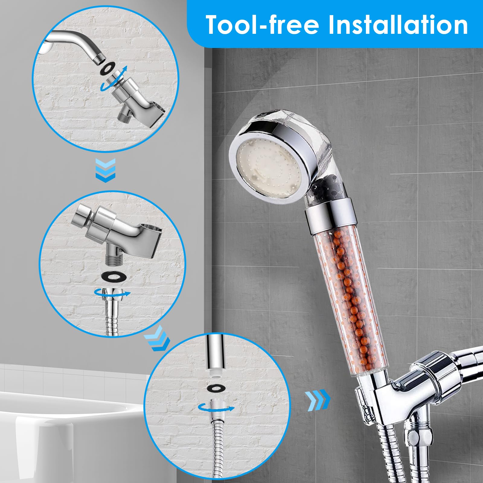 VENTEO - Pommeau De Douche Haute Pression + Cartouche x5 | Pommeau De Douche Anti Calcaire | Pommeau De Douche Filtrant Avec Bou