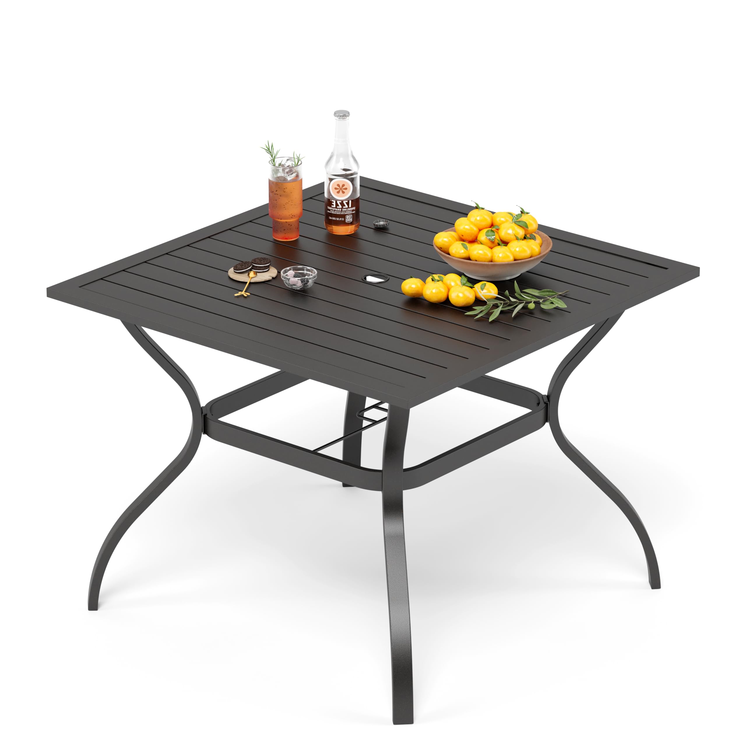 PHI VILLA Garden Outdoor Table Only Durable E-coating Metal Steel Slat Patio Dining Table with 4cm Parasol Hole Square Table for Garden Outdoor Bistro Classic Black — image 1