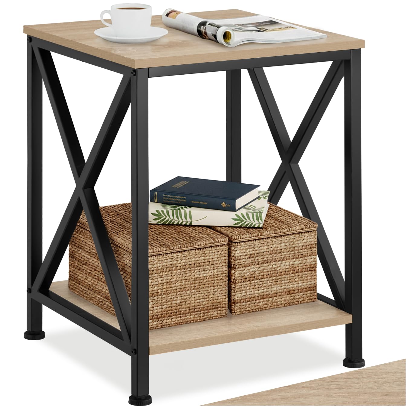 tectake® Mesa Auxiliar Salon Estilo Industrial con 2 Estantes y Pies Ajustables, Mesitas de Noche, Decoracion Hogar, Muebles, Oficina - 40,5 x 40,5 x 52,2 cm Madera Industrial Clara, Roble Sonoma