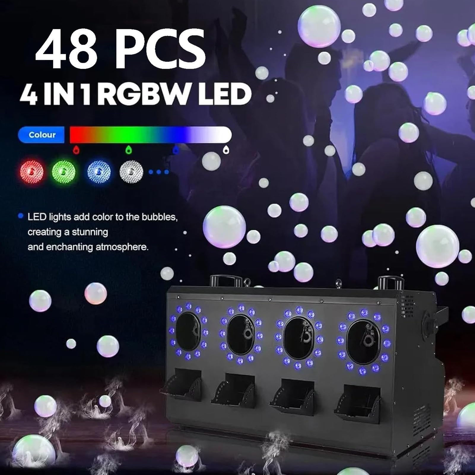 MáQuina de Burbujas de Humo con Led de 3000 W, 4 Boquillas MáQuina de Burbujas De Humo Profesional con Luces, Panel de Control LCD, Capacidad del Tanque: 1.2 L