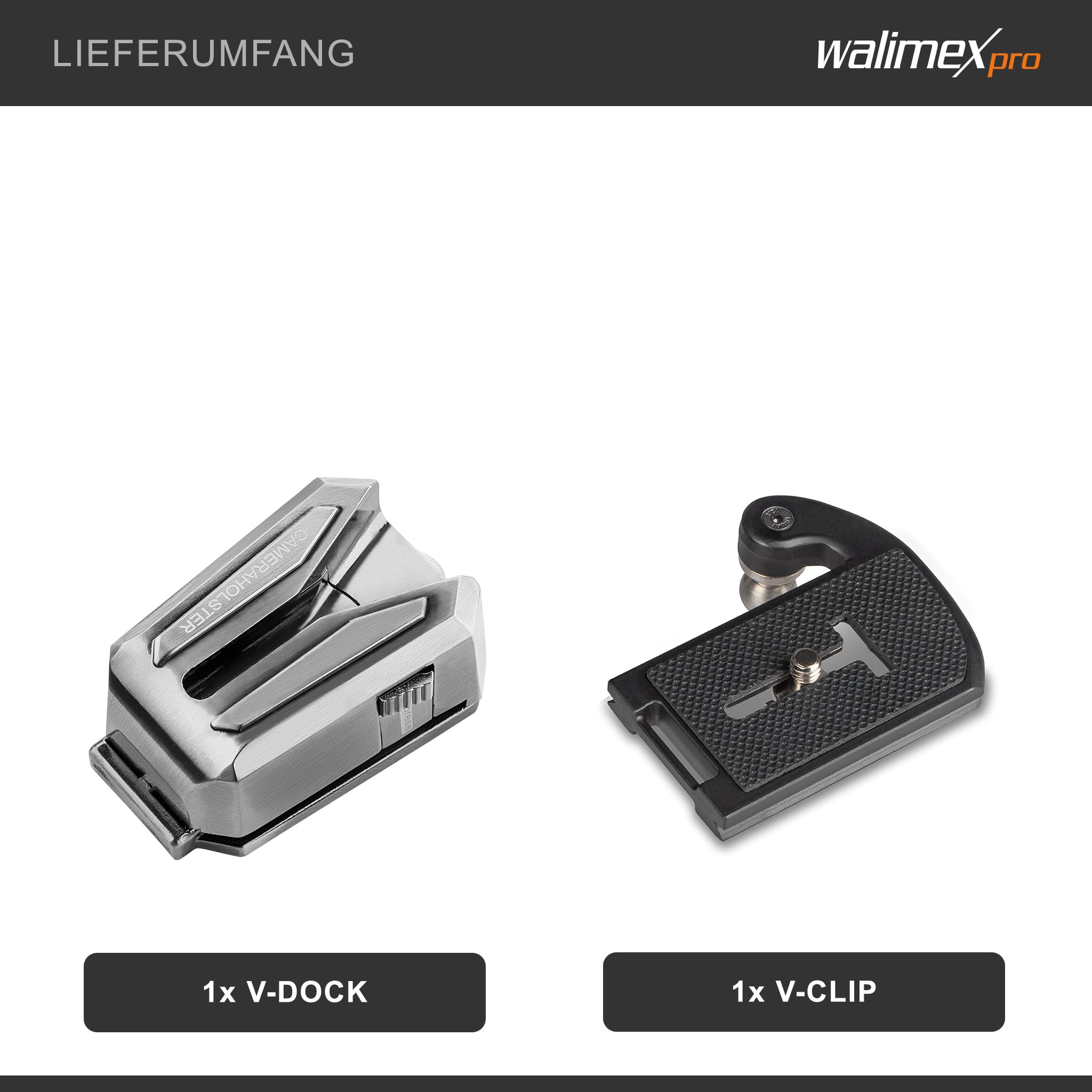 walimex pro Porta macchina fotografica da cintura, Gancio e Clip a V, Piastra a sgancio rapido compatibile con Arca-Swiss, max 5 kg, per cinghie larghe fino a 50 mm