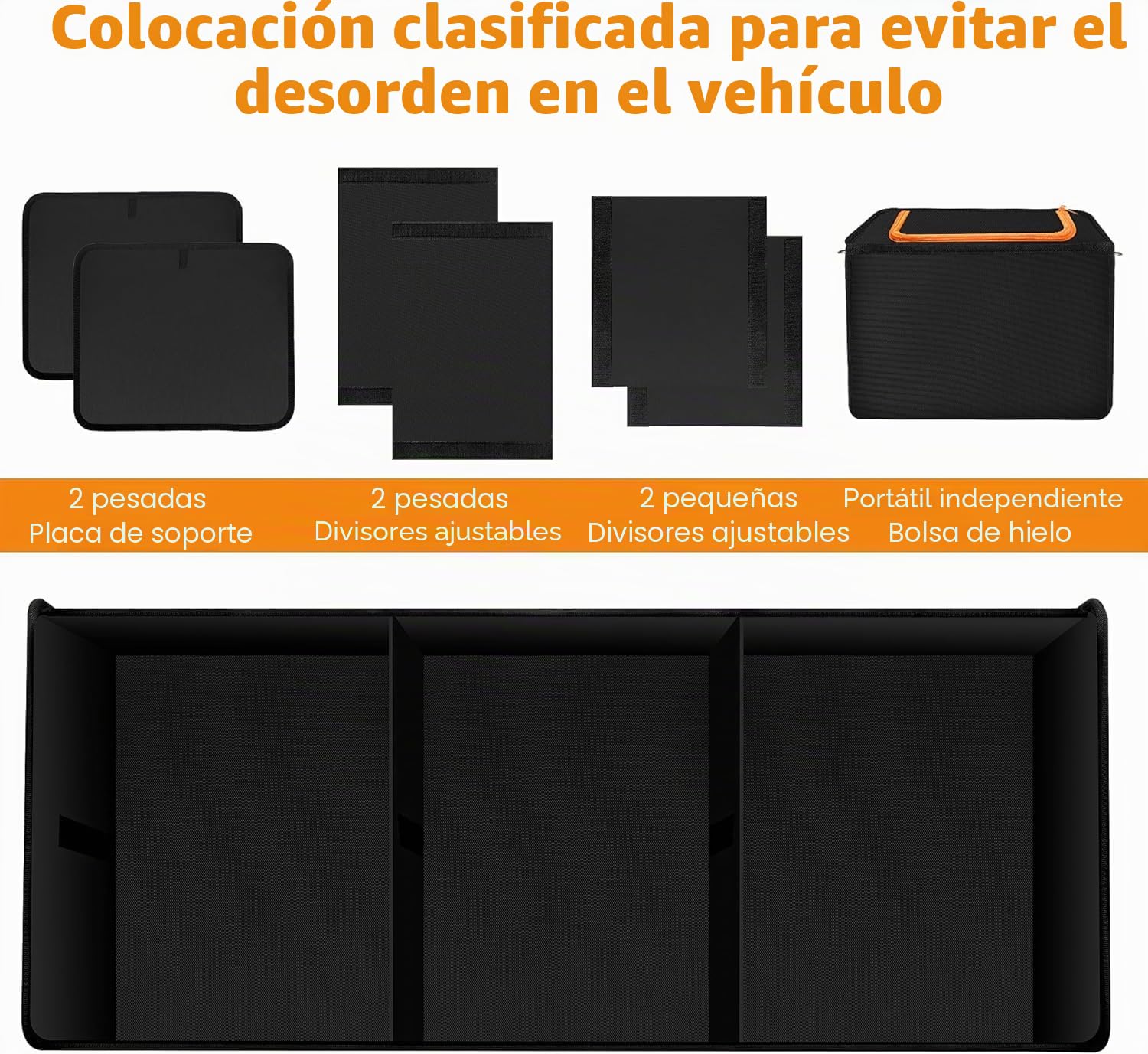 Einesin Organizador Maletero Coche con Bolsa Aislante, 88L Gran Capacidad Varios Compartimentos, Plegable Impermeable y Base Antideslizante Tapa Desmontable Negro