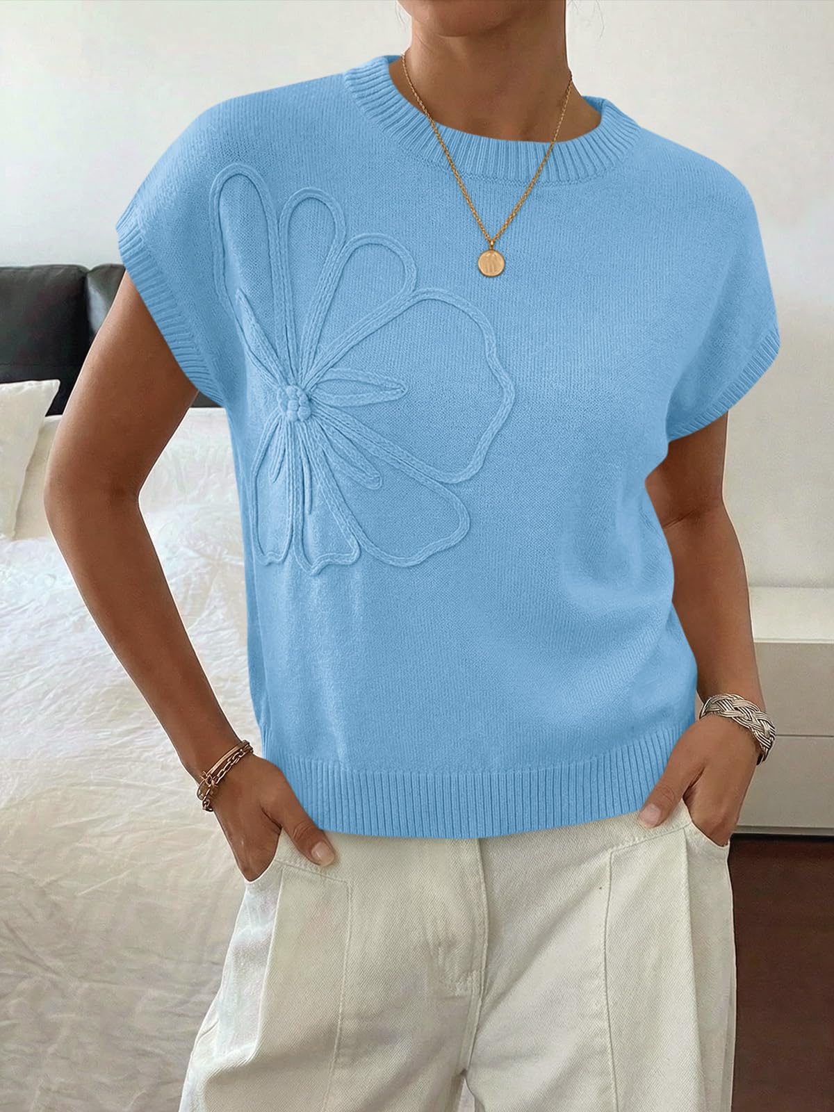 Saodimallsu Womens Short Sleeve Sweater Trendy Floral Pullover Sweaters Summer Casual Crewneck Lightweight Knit Tops - 2