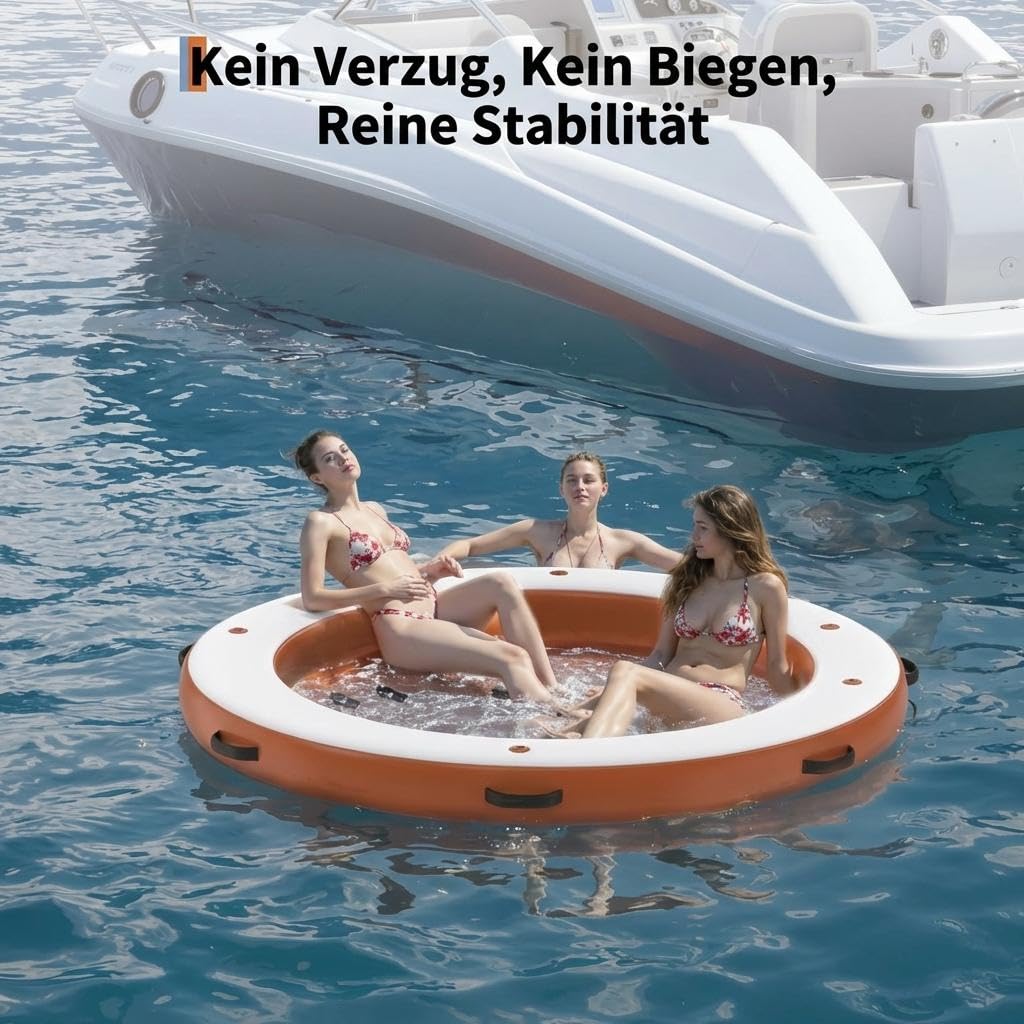 8FT Aufblasbarer Rund-Schwimmsteg Mit 6FT Hängematte, Schwerlast PVC, rutschfeste Oberfläche, 4-7 Erwachsene, Perfekt Für Familien & Wasserpartys, Weiß Orange
