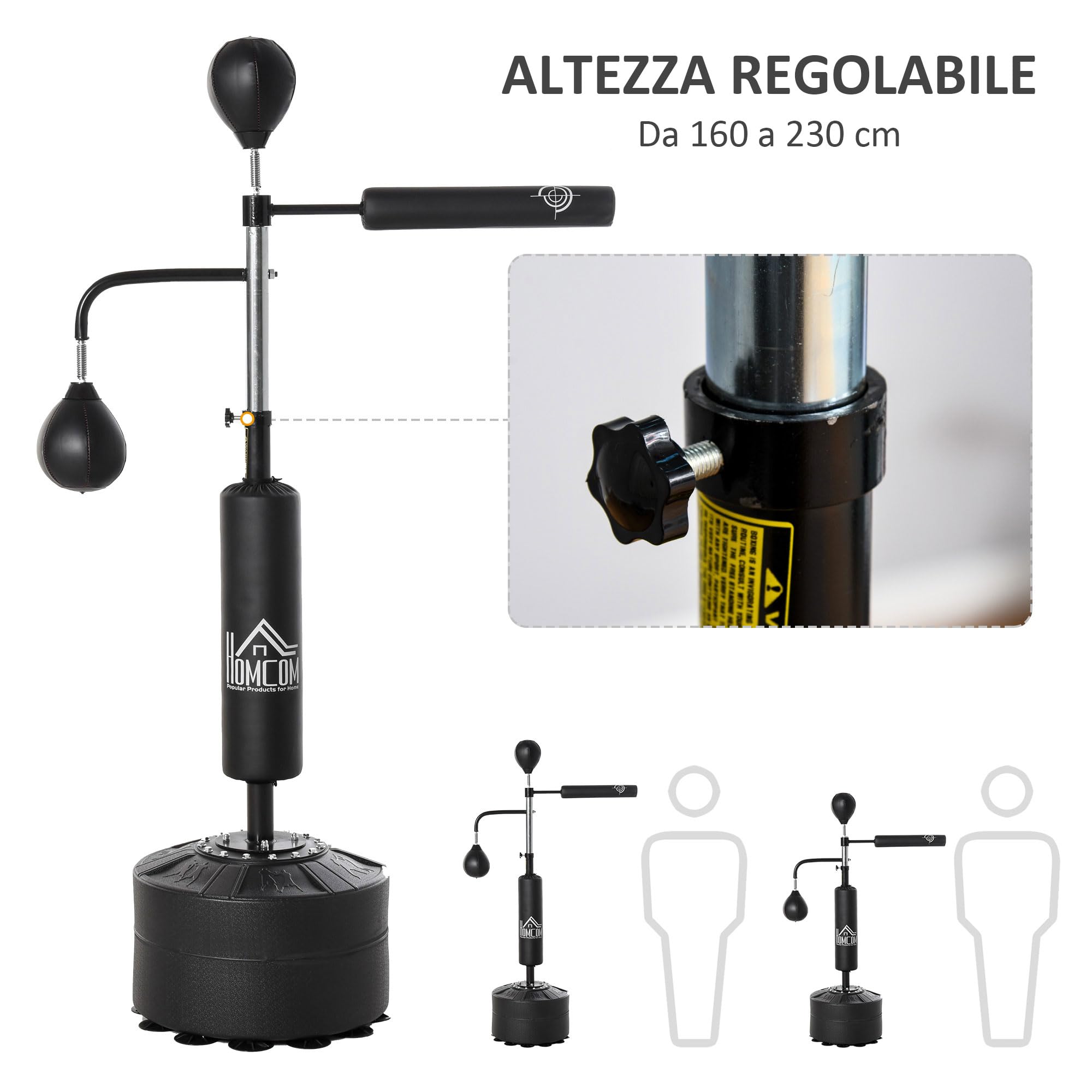Sacco Boxe da Terra 3 in 1 con 2 Speedball, Barra Girevole e Sacco Altezza Regolabile da 160-230 cm, Nero