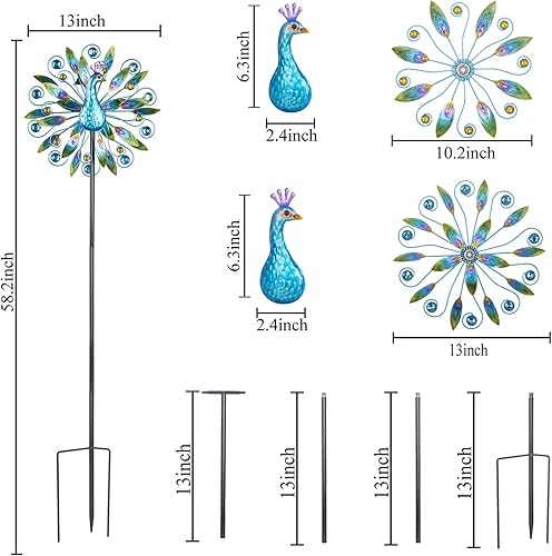 Miniatura 5 de Stargarden Molino de viento de pavo real de 58 pulgadas, escultura de viento doble, molino de viento de metal para decoración de jardín y patio