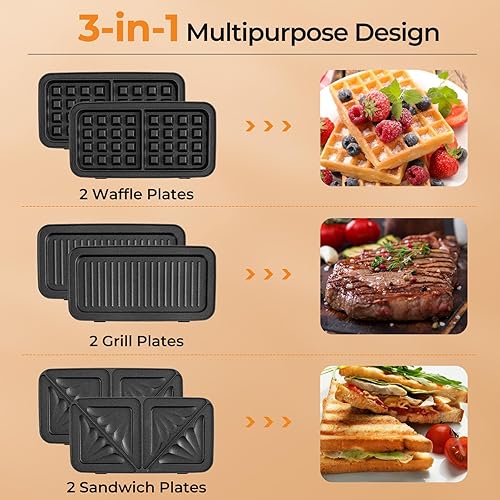 Miniatura 2 de ARLIME Máquina para hacer gofres con platos extraíbles, parrilla eléctrica de prensa Panini de 1082 W con placas antiadherentes, luces indicadoras,