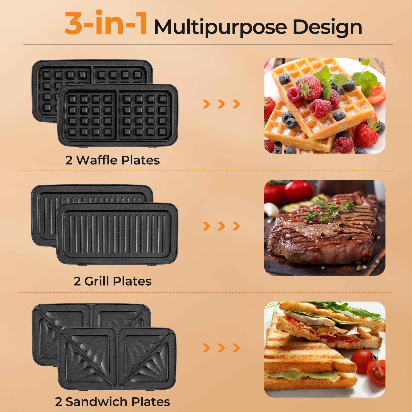 ARLIME Gofry 3 w 1, elektryczny grill Panini 1082 W z nieprzywierającymi płytkami, lampki wskaźnikowe, fajny uchwyt, 5-biegowa kontrola temperatury do kanapek na śniadanie