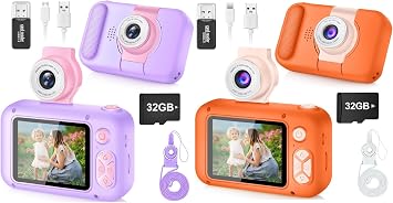 2Pcs Kid Camera for Kid,2.4in IPS Screen Digital Camera,180Flip Len Toddler Camera,Children Selfie Camera with Playback Game,Christmas/Birthday Gift 3 4 5 6 7 8 9 10 Year Old Girl Boy