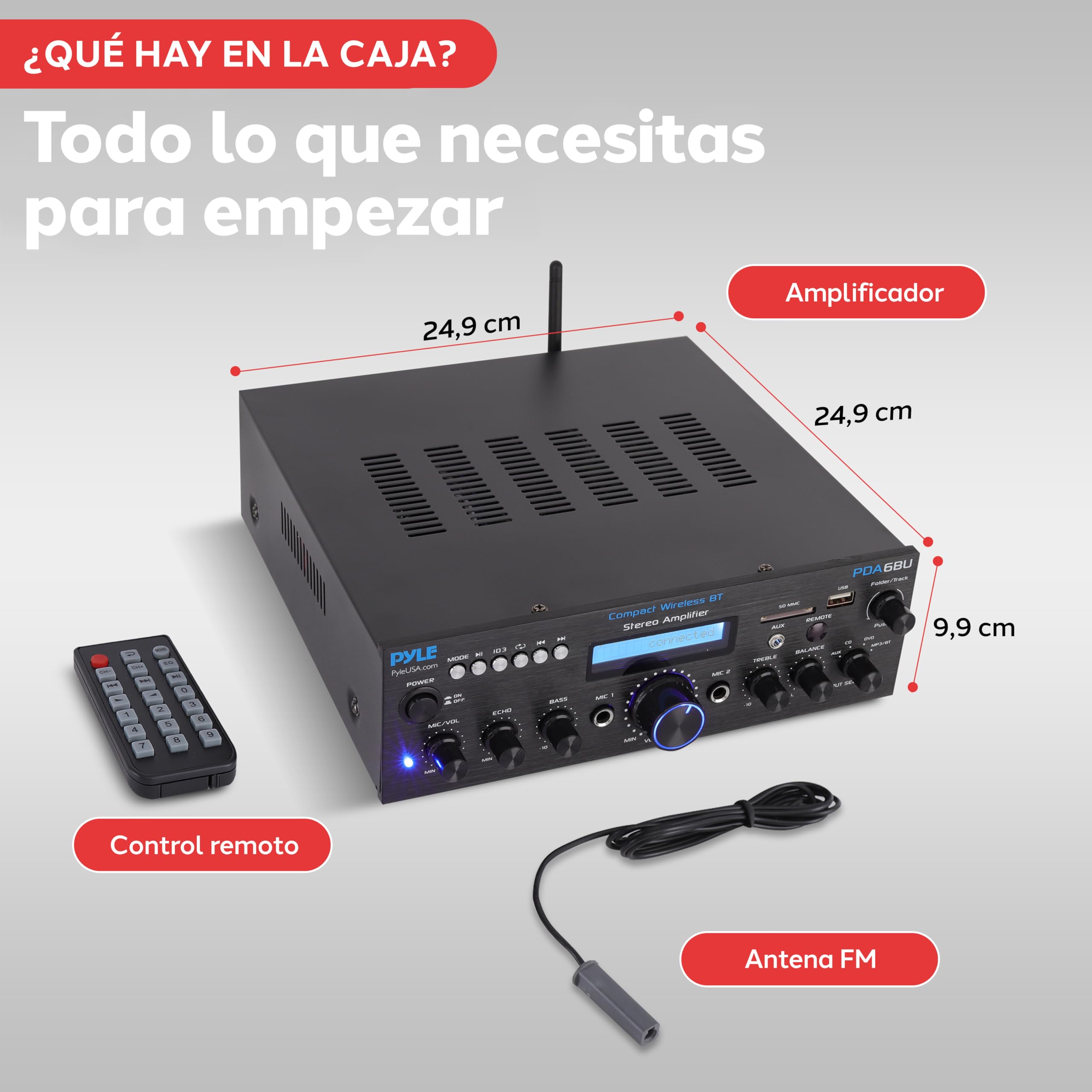 Pyle Sistema Amplificador de Potencia de Audio,200V, Inalambrico, Estereo, USB, SD, AUX, Entrada de Microfono para Karaoke, Radio, Pantalla LCD, RCA
