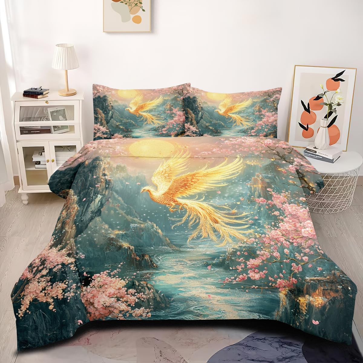 Golden Phoenix Bedding Sets Queen Size,Chinese Myth Comforter for Adult Women,3 Pcs Warm Microfiber Quilt Set with 2 Pillowcases/90 * 90 Phoenix Yy2404 Queen