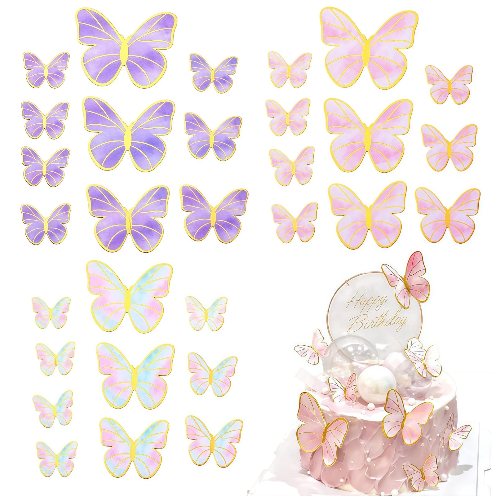 SamHeng Butterfly Cake Topper Set, 60 Pcs Paper Butterfly Cupcake Toppers, Mixed Sizes Cake Decorations for Party Birthday Wedding Anniversary