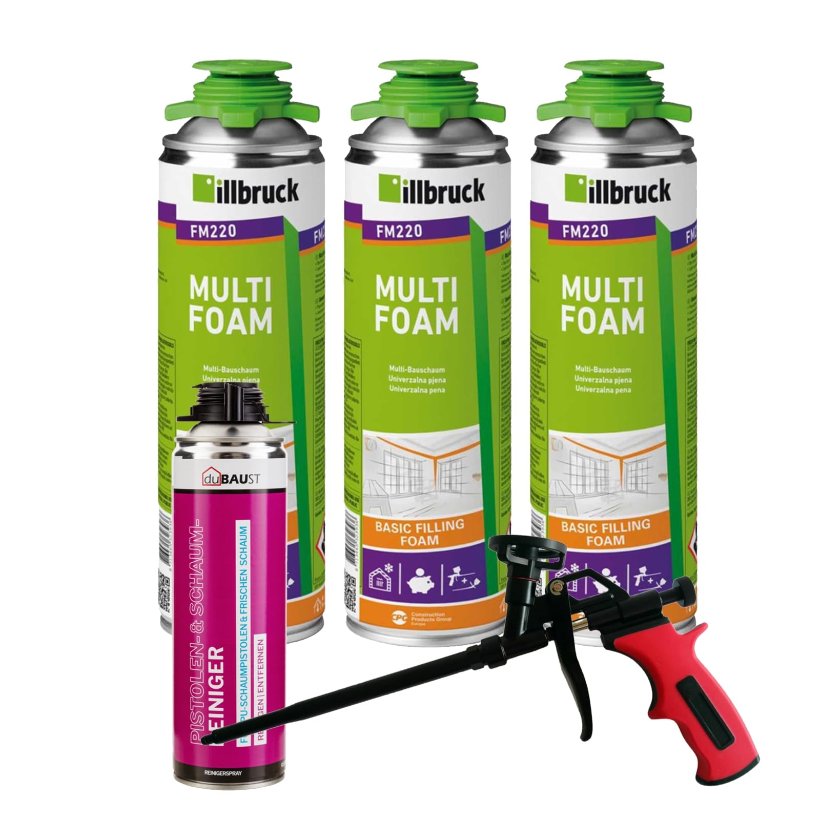 FM220 Bauschaum Montageschaum Pistolenschaum Multischaum Fensterschaum hohe Schalldämmung Wärmedämmung 500ml Kombisets (mit Reiniger AA290 + Schaumpistole Business, 3x 500ml)