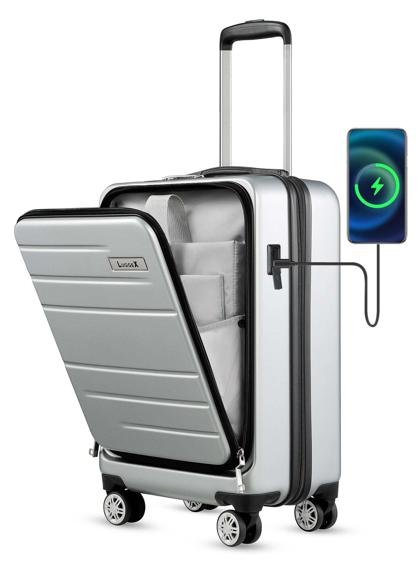 LUGGEX Silver Carry On Luggage 22x14x9 Airline Approved, Hard Shell Luggage with USB Port, Travel Suitcase with Wheels and Pocket Compartment