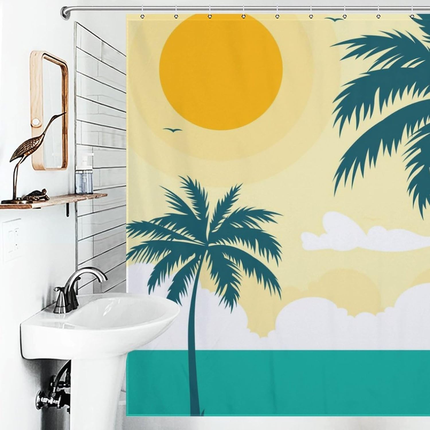 Shower Curtain with 12 Stainless Steel Hooks - Waterproof and Washable - Premium Shower Curtain Liner for Bathroom - Beach Coconut Tree Hawaiian Decoration - 72W x 72H