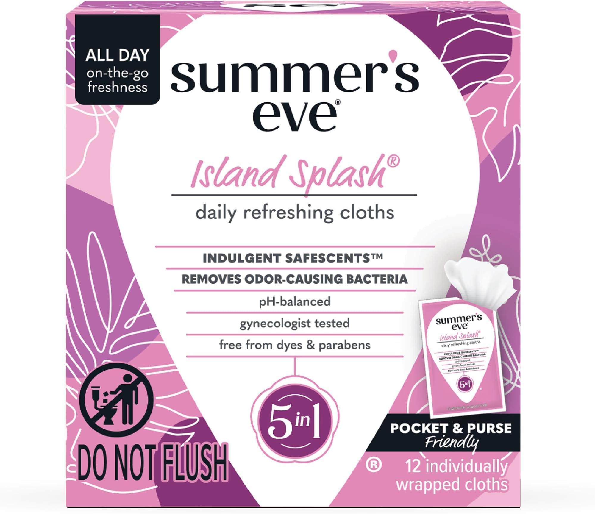 Summer's Eve Feminine Wipes, Island Splash, 12 Count, 5 Pack | Removes Odor | pH Balanced | Daily Refreshing