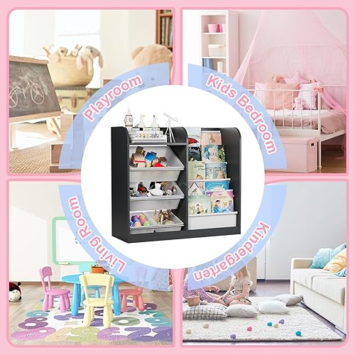 Miniatura 162 de Estantería de madera rosa de 4 niveles para niños, estantería de 5 capas, estante para libros de almacenamiento para bebés, organizador de juguetes