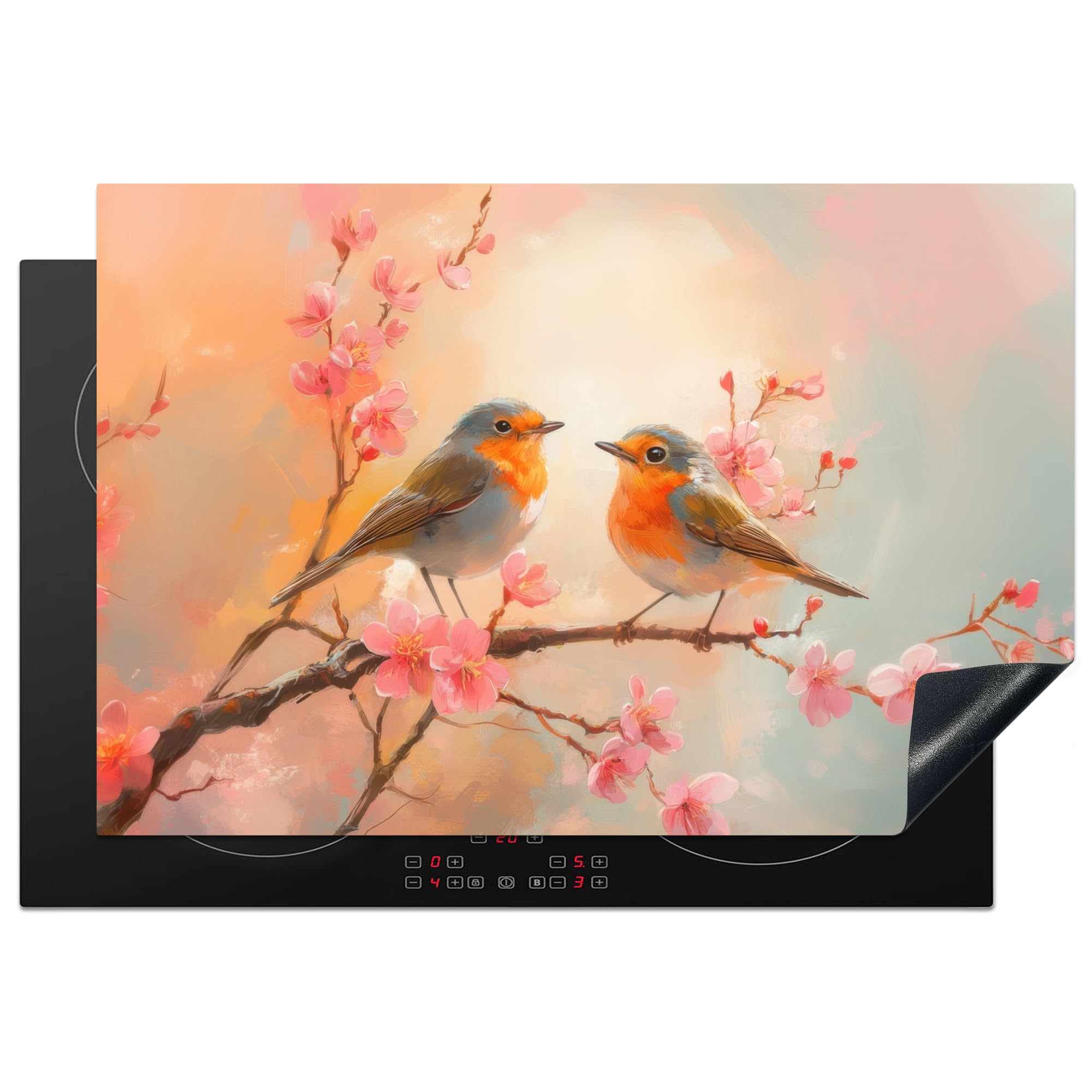 KitchenYeah© Induction Hob Protector Mat 20.1"x30.3" / 77x51 cm Cooker Top Protectors Cover Ceramic Covers Electric Hobs Vinyl Robins - Graceful - Blossom Branch — image 1