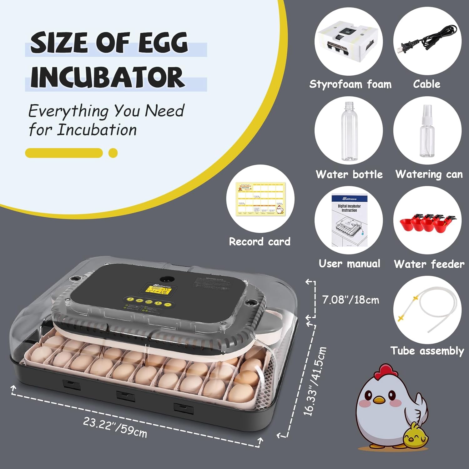 Diagram showing all components included with the Sailnovo 70-Egg Incubator