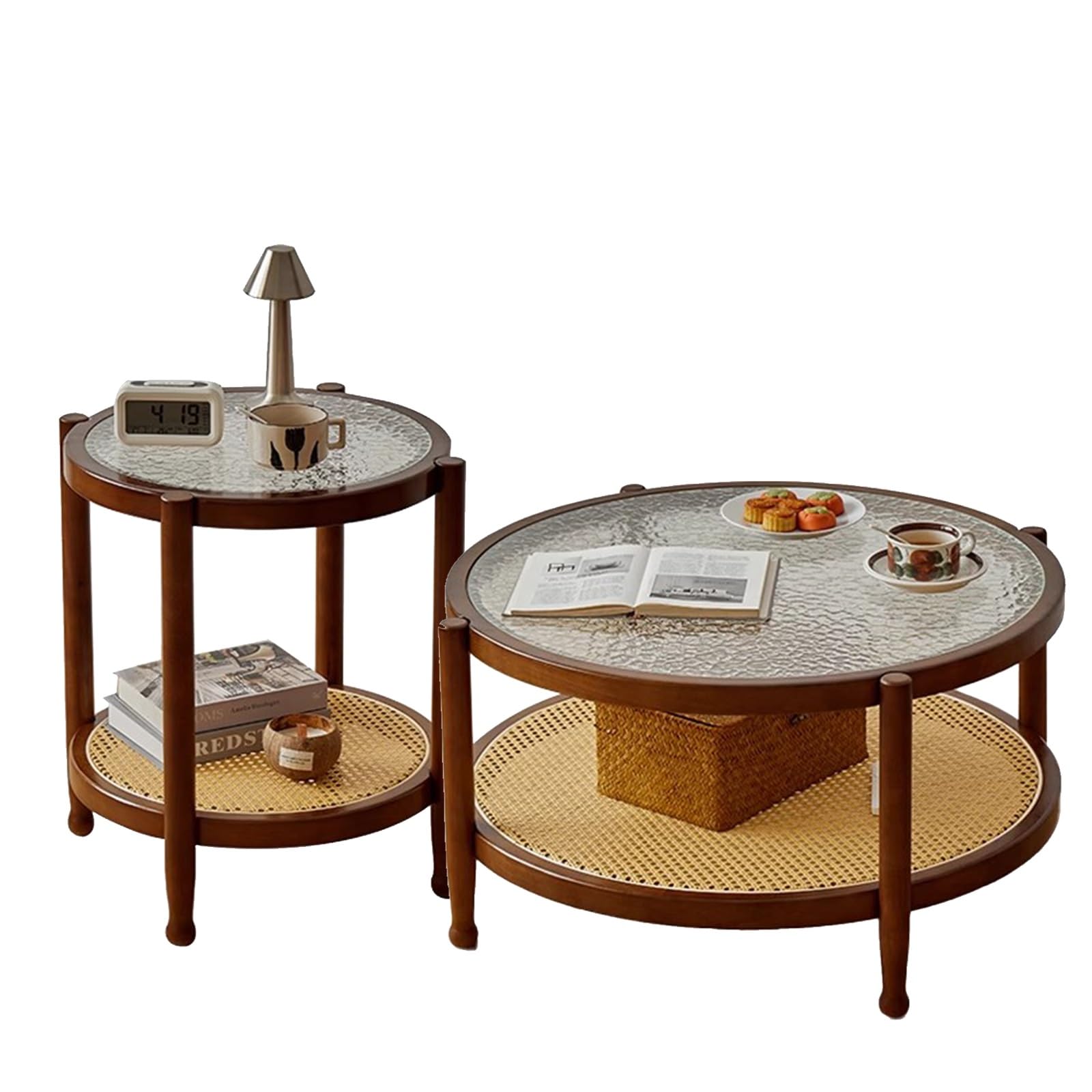 SXZenSpace Round Rattan Coffee Table, Set of 2 Wood Side with 2-Tier Storage, Water-Wave Tempered Glass Tabletop, for Home Bedroom(Brown)