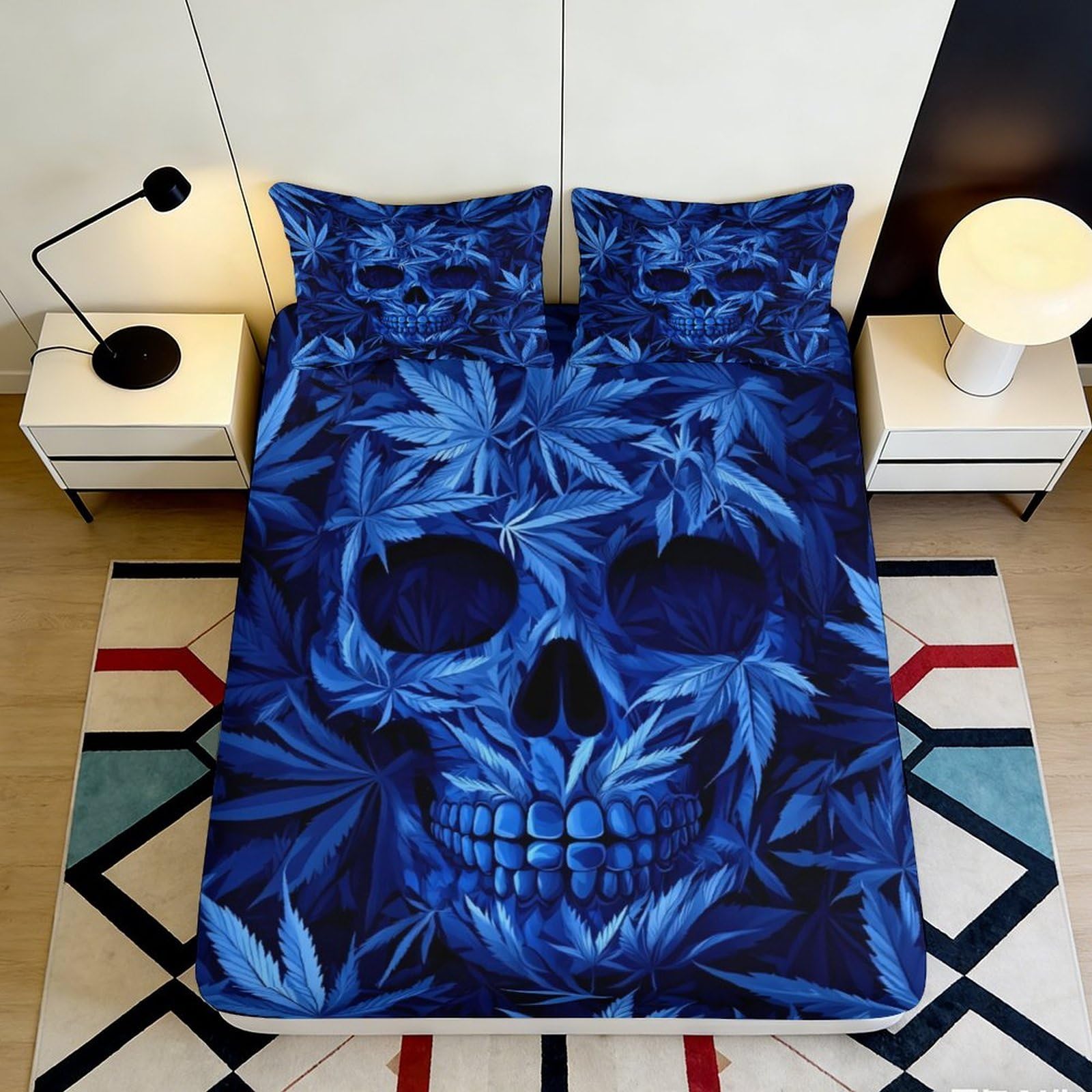 Jqzkxnhpbr Style-9 3D Printed Blue Skull Fitted Sheet Microfiber Anti-Slip Leaves Pattern Bed Cover For Bedroom Dorm Easy Care 90X200x25cm