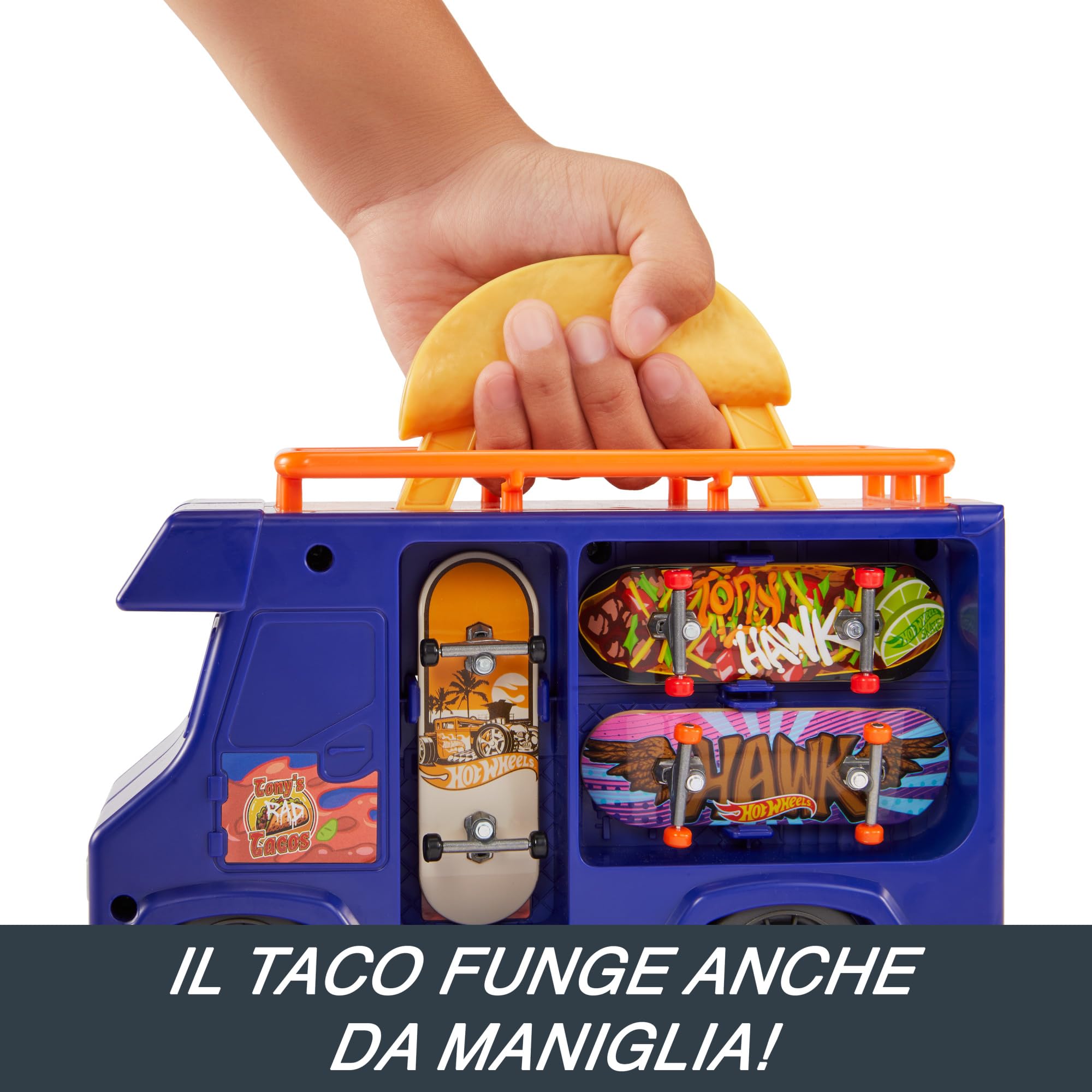 Hot Wheels Skate - Skatepark portatile, Valigetta Taco Truck con 1 Mini Skate esclusivo e 1 paio di scarpine rimovibili inclusi, playset portatile e spazioso, giocattolo per bambini, 5+ anni, HMK00