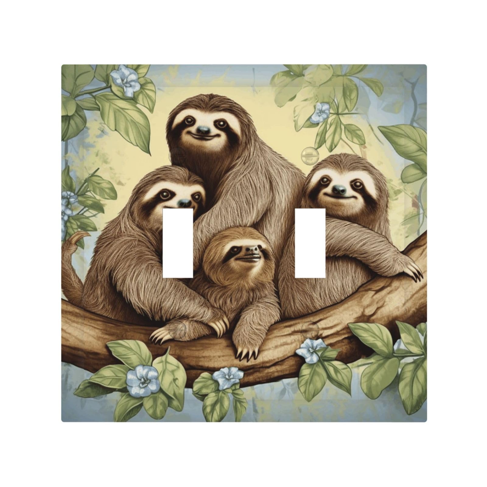 Kloph White Decorator Double Toggle Light Switch Covers Sloth Family Wall Plate 2-Gang Mid Size 5" X 4.9" Double Toggle Switch Wallplate Decorative 2 Gang Wall Switch Plate Covers