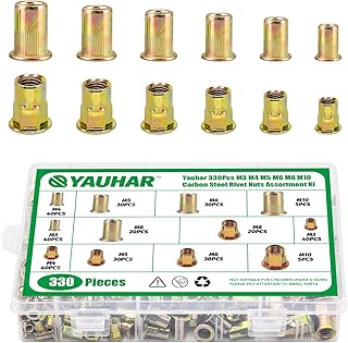 Yauhar 330Pcs M3 M4 M5 M6 M8 M10 Carbon Steel Rivet Nuts Assortment Kit, Half Hex Body Flange Rivnut and Knurled Body Flat Head Threaded Insert Nut for Automotive Furniture Home Decoration