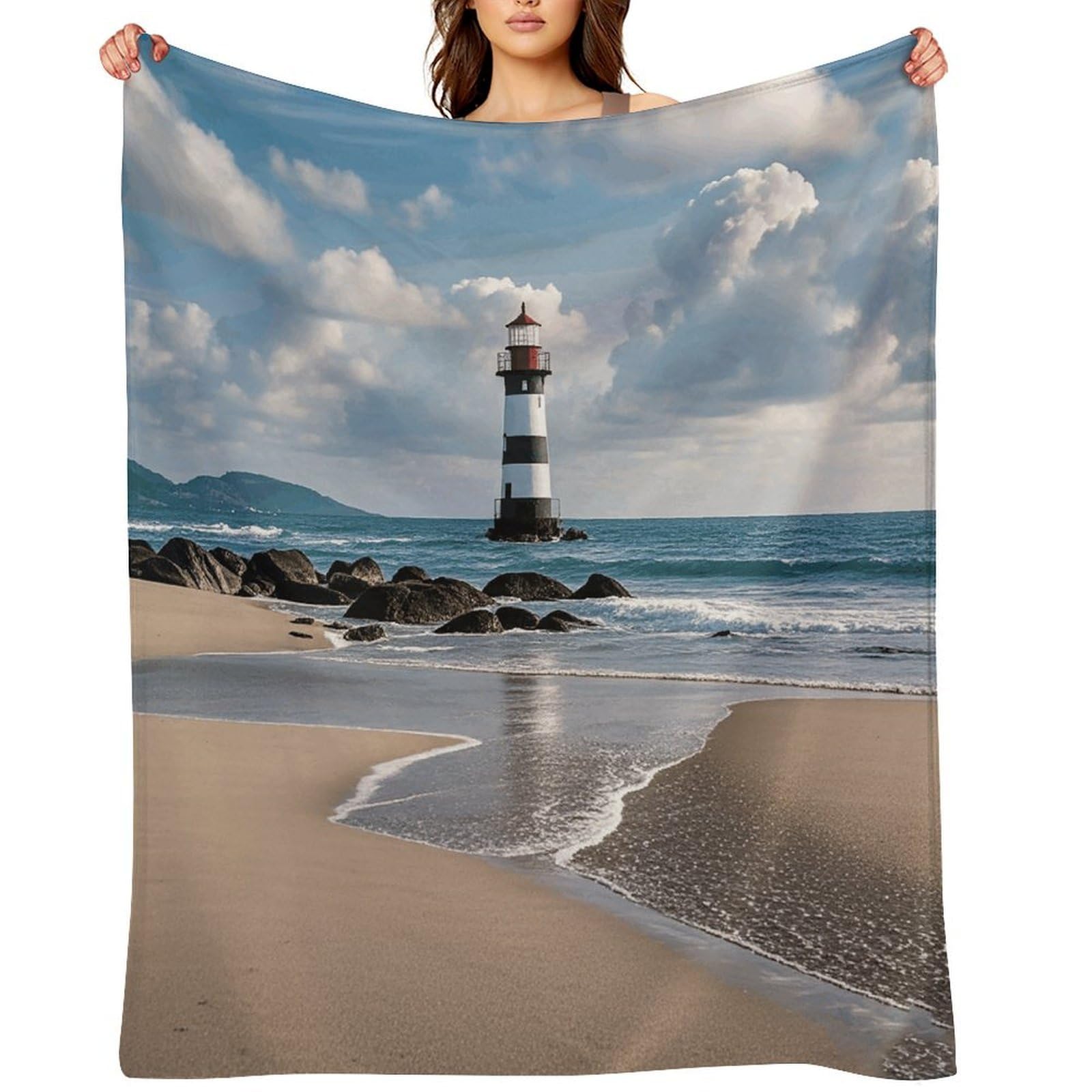 Sea Lighthouse Sandbeach Throw Blanket for Couch and Bed Super Soft Warm Lightweight Throw Blankets Cozy Fuzzy Flannel Blanket Personalized Decorative Blankets for Sofa Decor 30"x40"