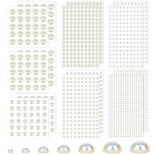 Caffox - Calcomanías autoadhesivas de perlas blancas AB para el cabello, 7 tamaños, 2032 piezas, gemas de perlas adhesivas para cabello, cara,