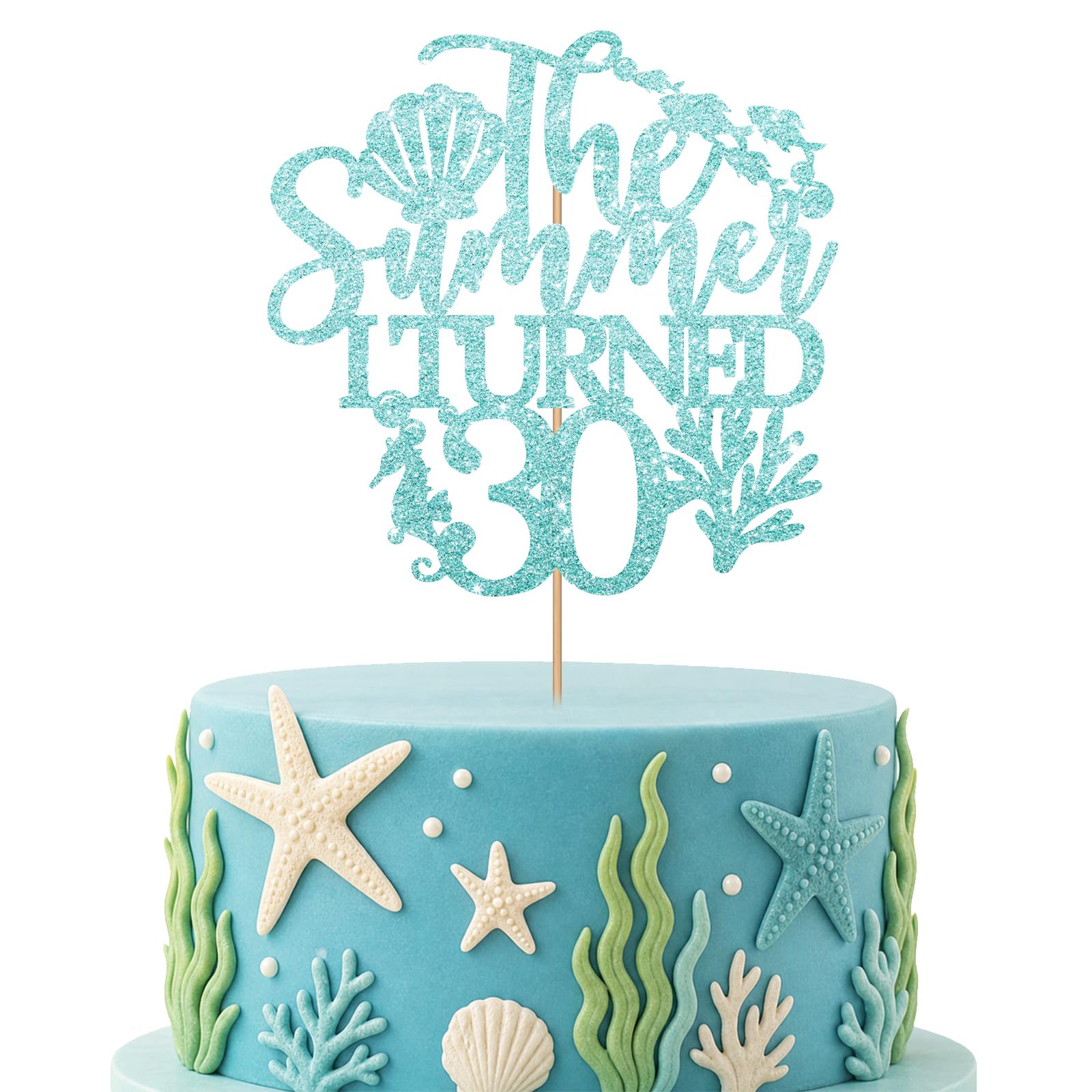 The Summer I Turned 30 Cake Topper, Beach 30th Birthday Cake Topper, Summer 30 Cake Decoration for Ocean Beach Birthday/Thirty Years Old Party Supplies - Blue Glitter