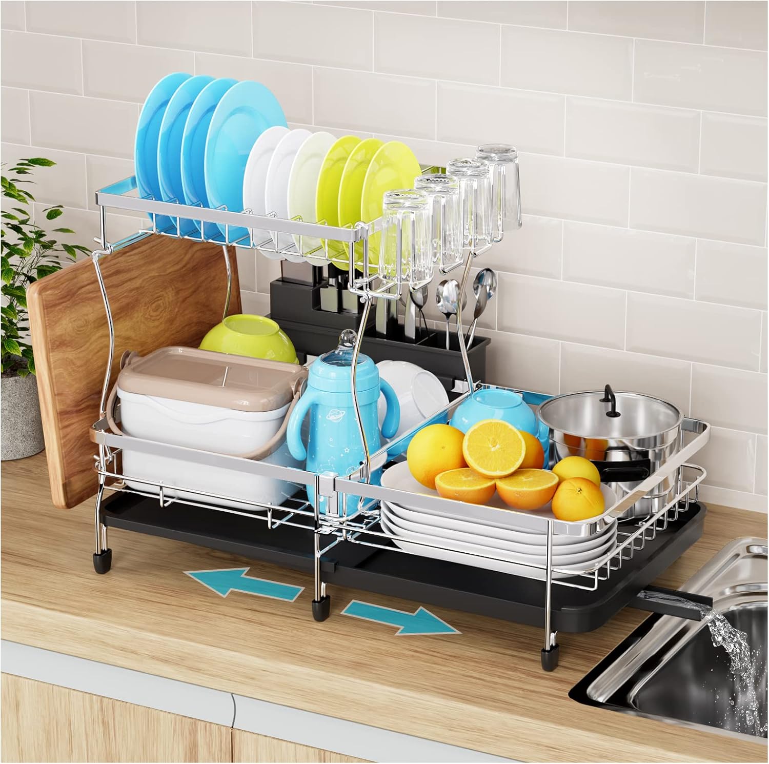 Large Dish Drying Rack Drainboard Set, Stainless Steel