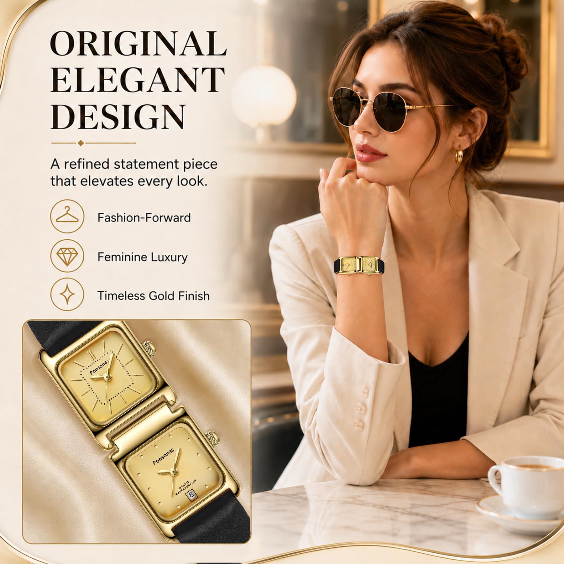 Timever Orologio unisex con cinturino in pelle per uomo e donna, originale quadrato con retangle al quarzo, orologio da polso per uomo e donna, regalo per coppia