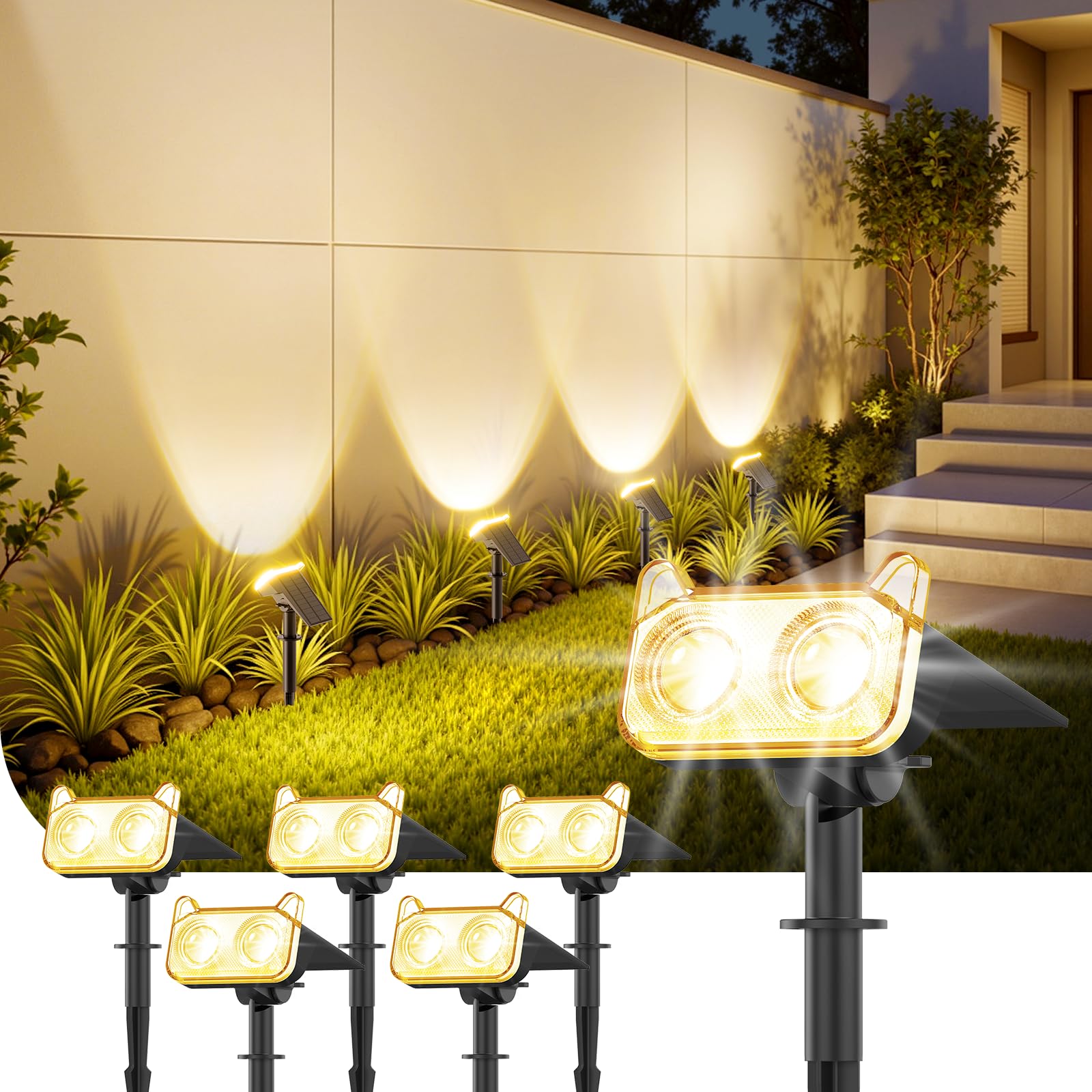GEARLITE 6 Stück Solarlampen für Außen Garten, 2 Modi Superhelle 800 Lum Solar Strahler Max 18 Stunden Arbeitszeit 3500K Warmweiß Gartenleuchten IP65 Gartenstrahler für Außen Bäume Hof Garten Weg Deko