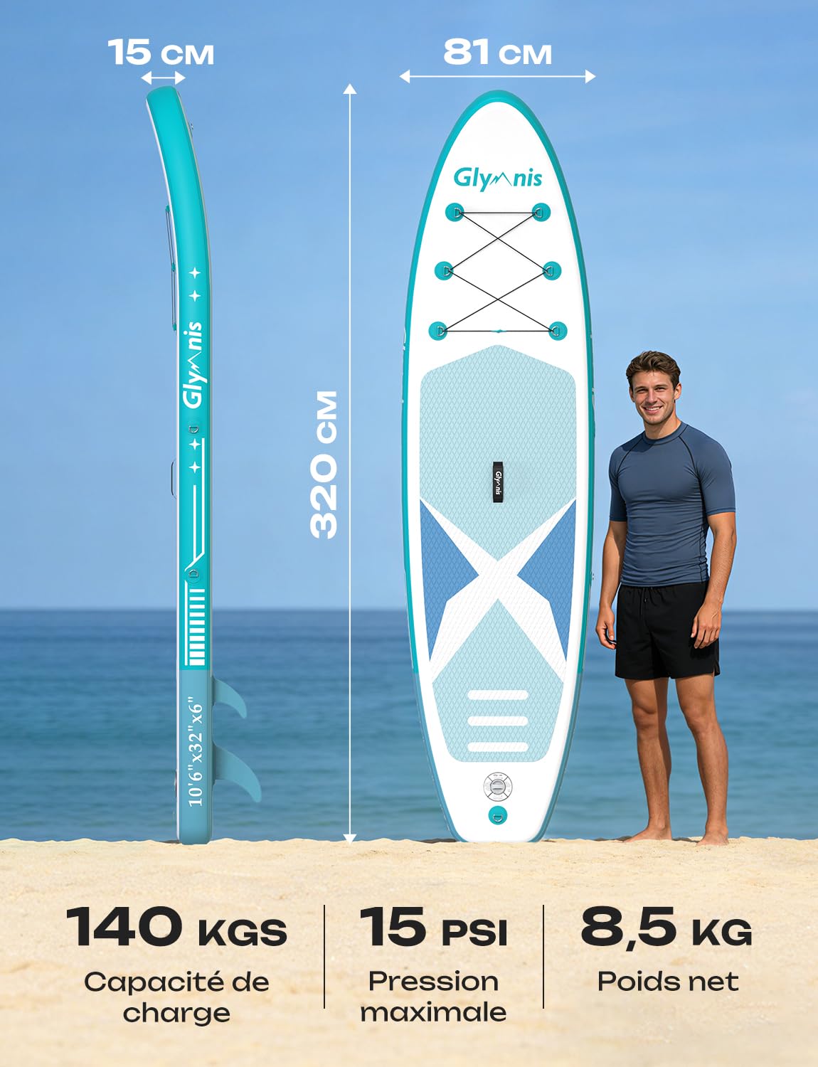 Glymnis Sup Board Stand Up Paddling Board Gonflable Stand Up Paddle Board Set 10'6 "320x80x15cm 6 Pouces d'épaisseur avec Pompe à air à pagaie en Aluminium et Accessoires complets