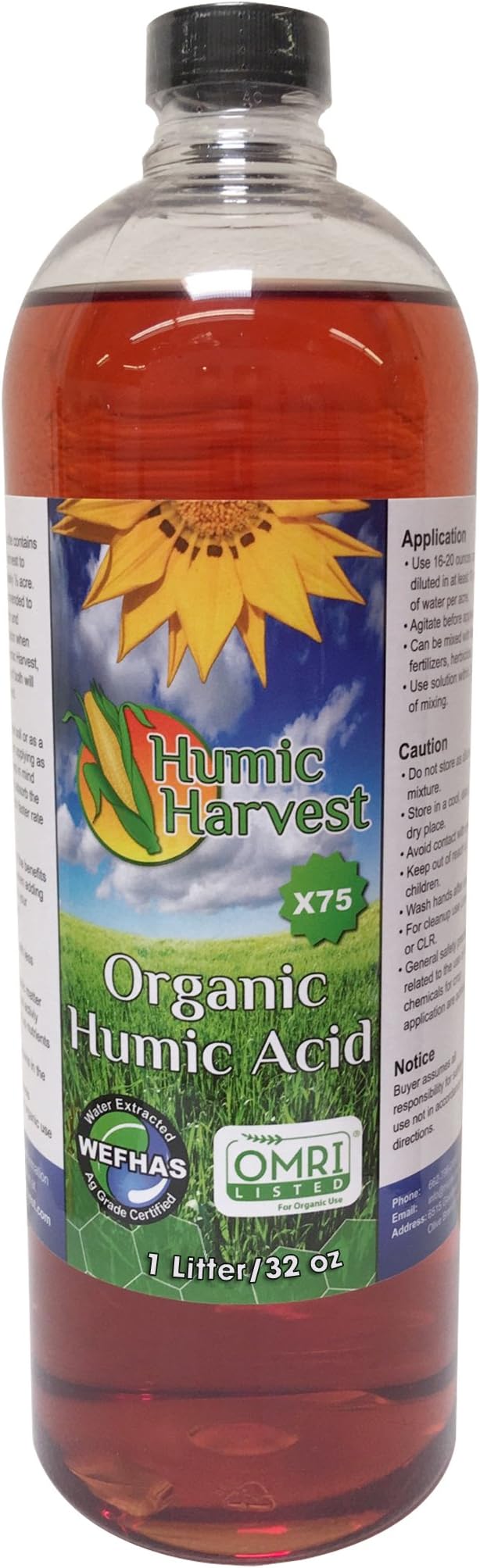 Organic Humic Acid X75 Liquid - Essential Amino Acid, Concentrated Plant-Based, & Pure Trace Minerals - Improves Memory, Boost Energy - Organic Fertilizer from 32 fl oz