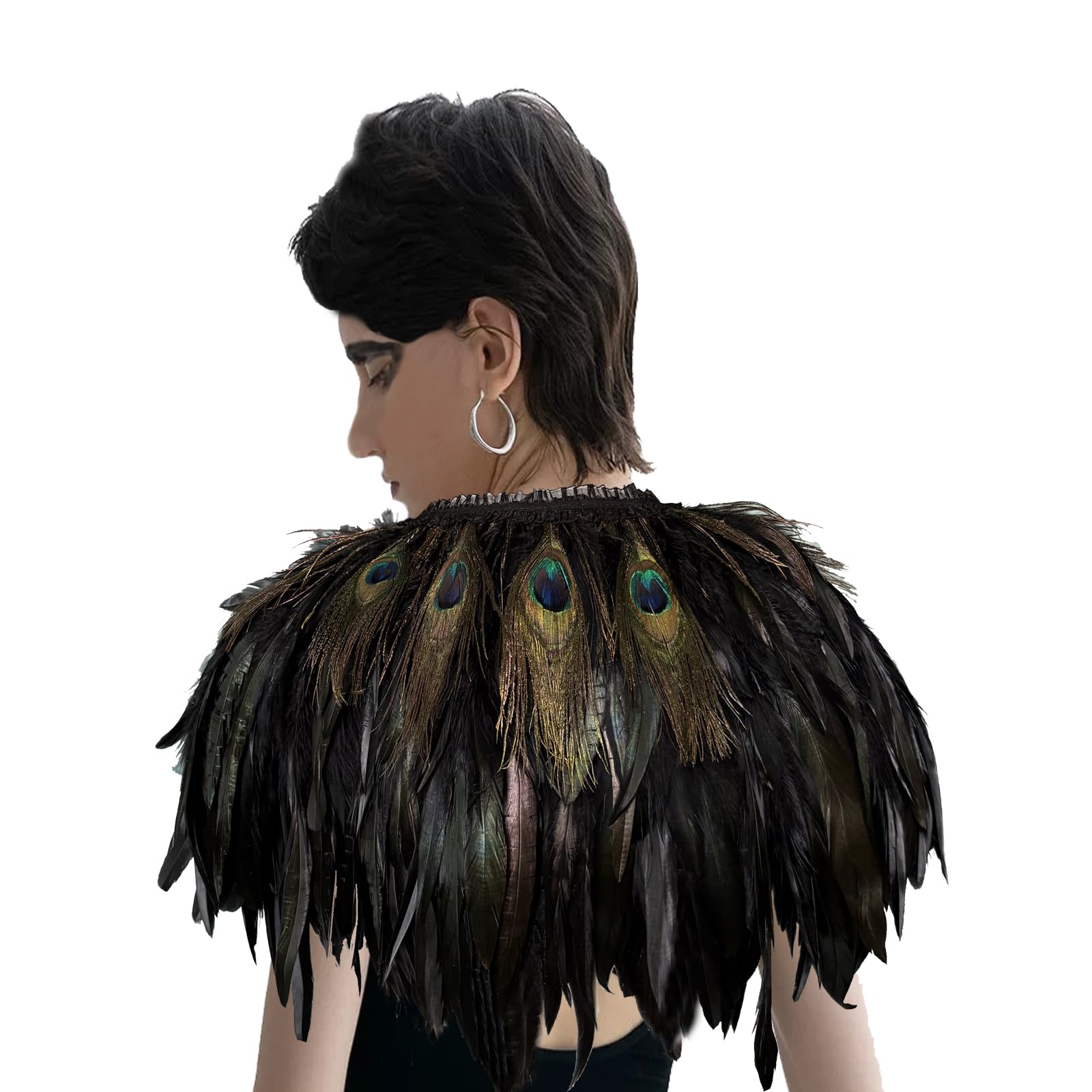 Yoodeet Handmade Feather Shawl Peacock Feather Cape Collar, Black Feathers with Iridescent Eyes - Image 2