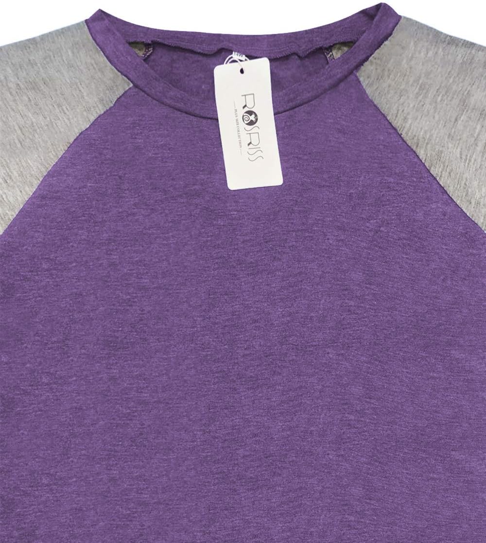 ROSRISS Plus Size Tops for Women Summer Raglan Color Block T Shirts Short Sleeve Loose Fit Tee