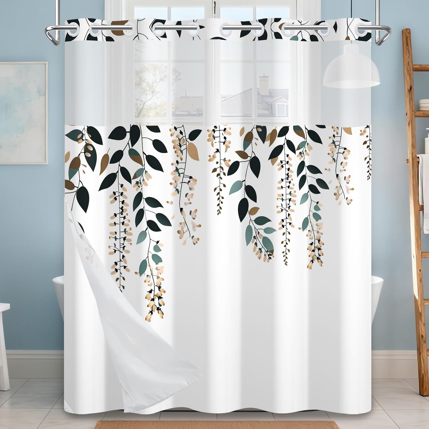 No Hook Plants Leaves Shower Curtain with Snap-in Liner, Modern Sage Green Floral Design with Mesh Top Window, Waterproof Double Layer for Bathroom Decor, 71 x 74 Inch