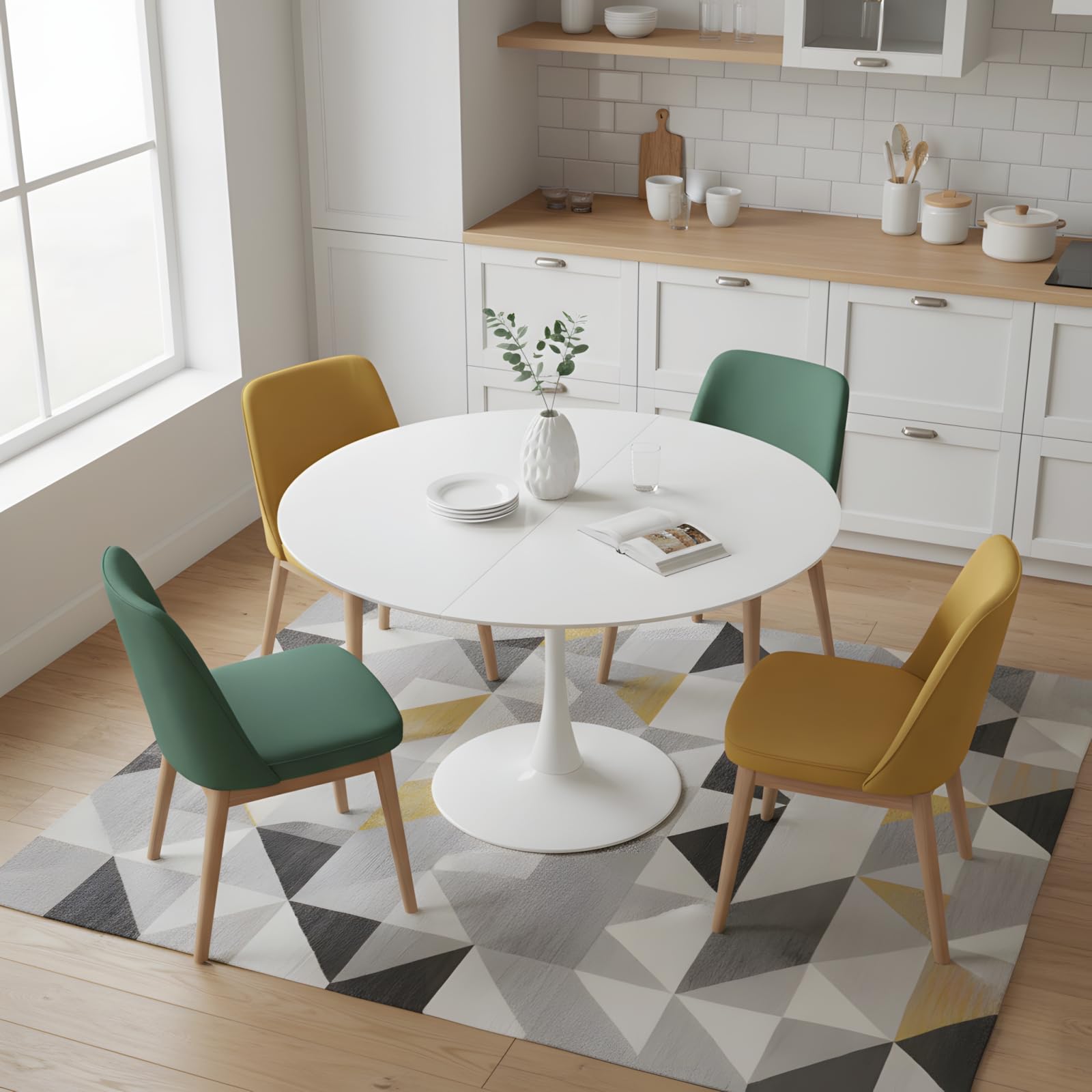 Table à Manger Ronde Blanche 110 cm, Table de Cuisine Ronde pour 4 à 6 Personnes, Style Scandinave, Pied Central Métal Stable, pour Cuisine, Salle à Manger, Salon, Bureau, Blanc